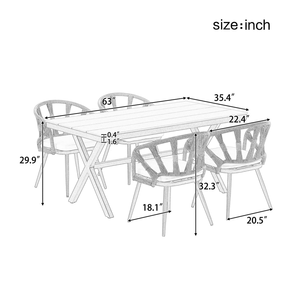 Ensemble de 5 tables et chaises de salle à manger d'extérieur, meubles de patio avec chaises en rotin synthétique et table rectangulaire en bois
