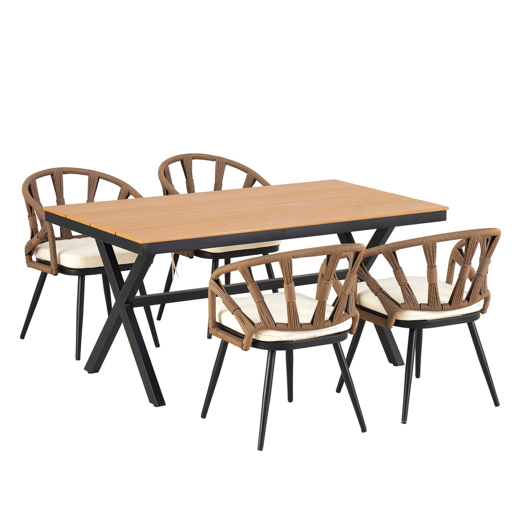 Ensemble de 5 tables et chaises de salle à manger d'extérieur, meubles de patio avec chaises en rotin synthétique et table rectangulaire en bois