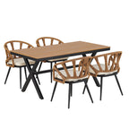 Ensemble de 5 tables et chaises de salle à manger d'extérieur, meubles de patio avec chaises en rotin synthétique et table rectangulaire en bois