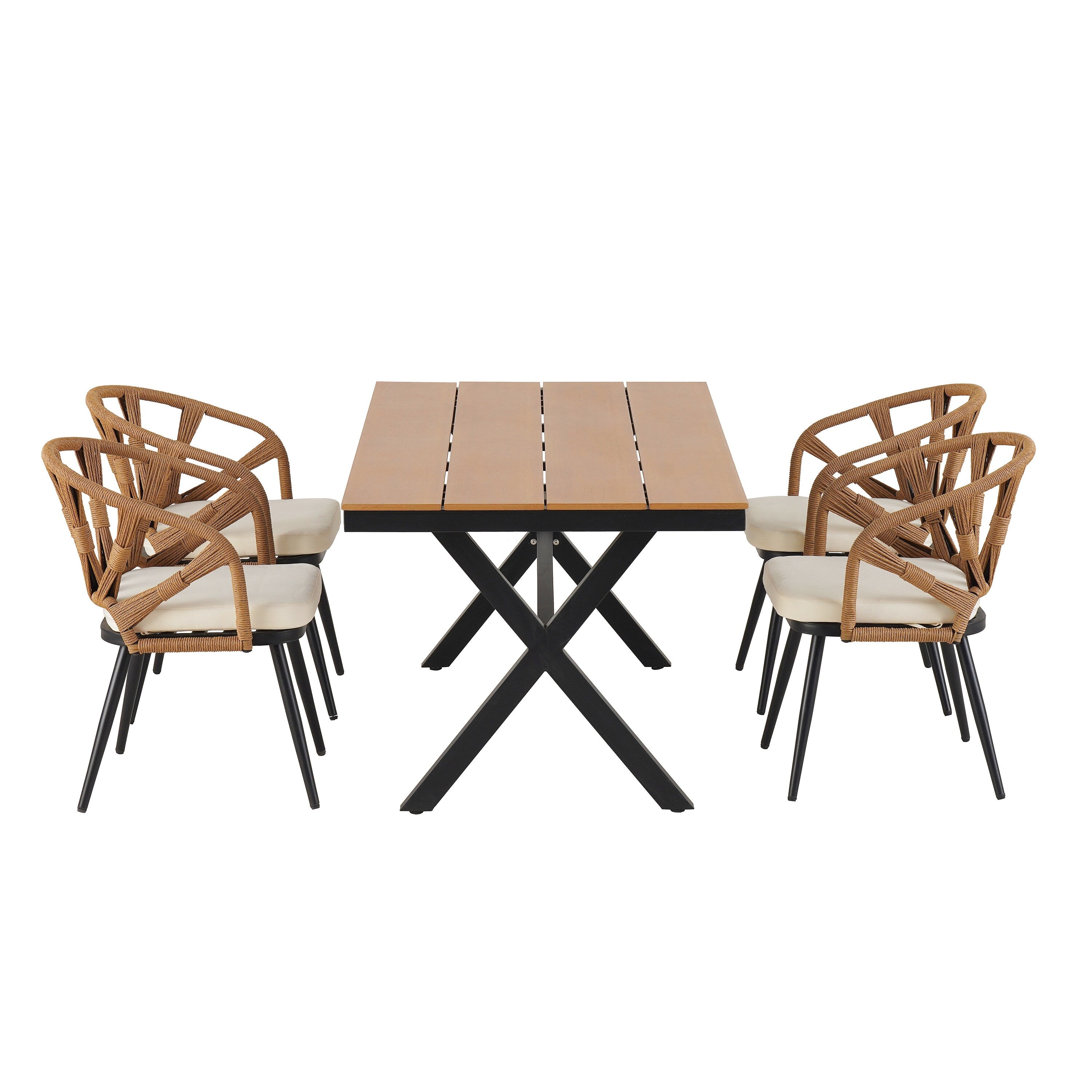 Ensemble de 5 tables et chaises de salle à manger d'extérieur, meubles de patio avec chaises en rotin synthétique et table rectangulaire en bois
