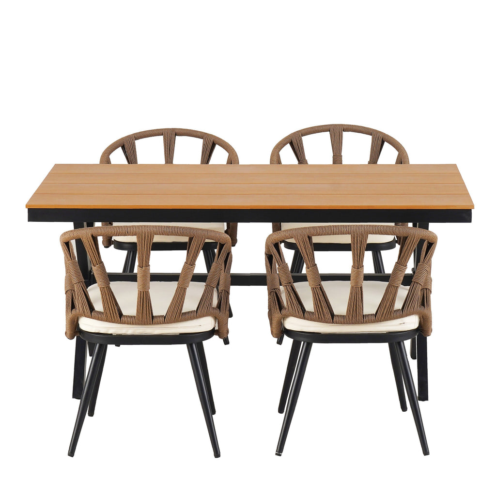 Ensemble de 5 tables et chaises de salle à manger d'extérieur, meubles de patio avec chaises en rotin synthétique et table rectangulaire en bois