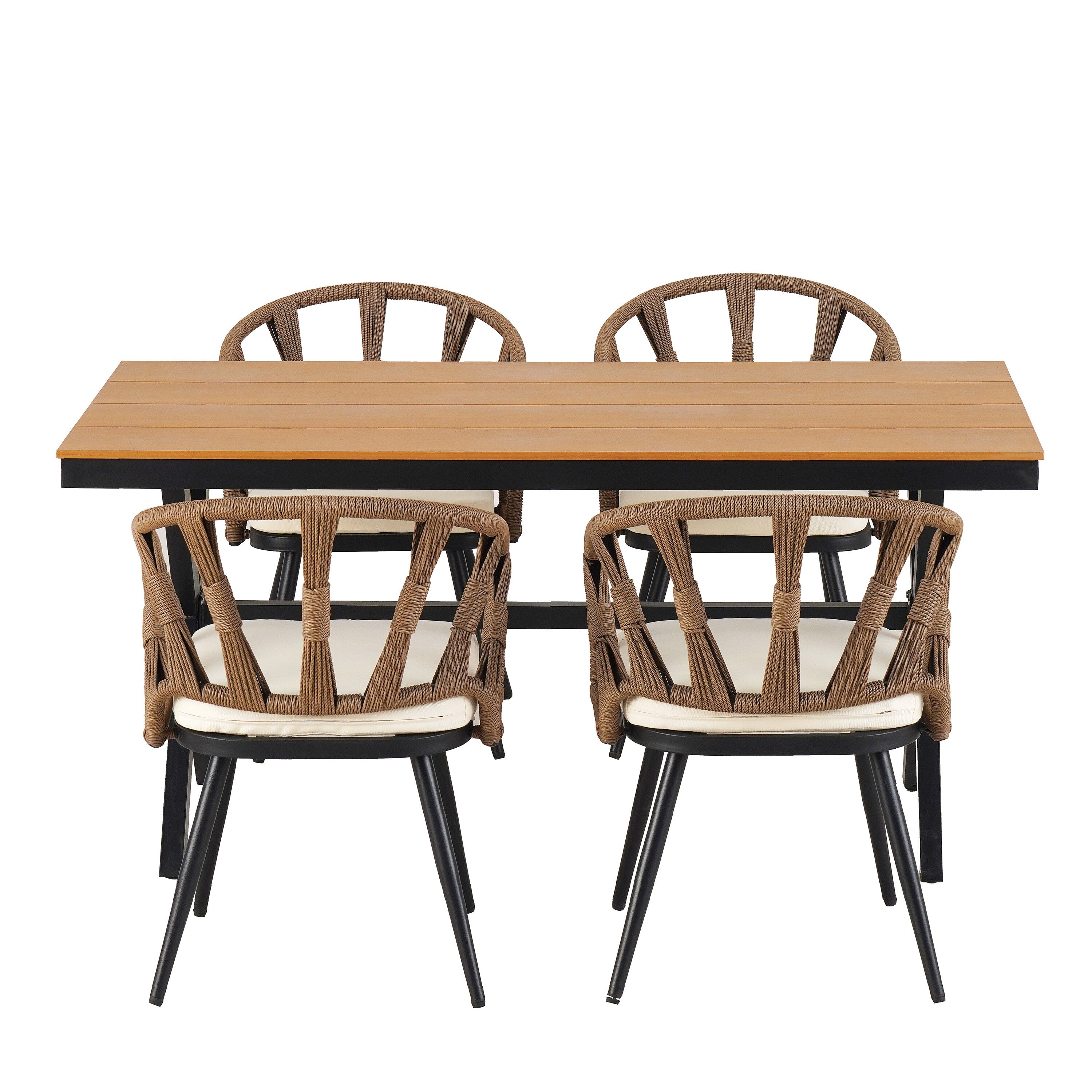 Ensemble de 5 tables et chaises de salle à manger d'extérieur, meubles de patio avec chaises en rotin synthétique et table rectangulaire en bois