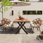 Ensemble de 5 tables et chaises de salle à manger d'extérieur, meubles de patio avec chaises en rotin synthétique et table rectangulaire en bois