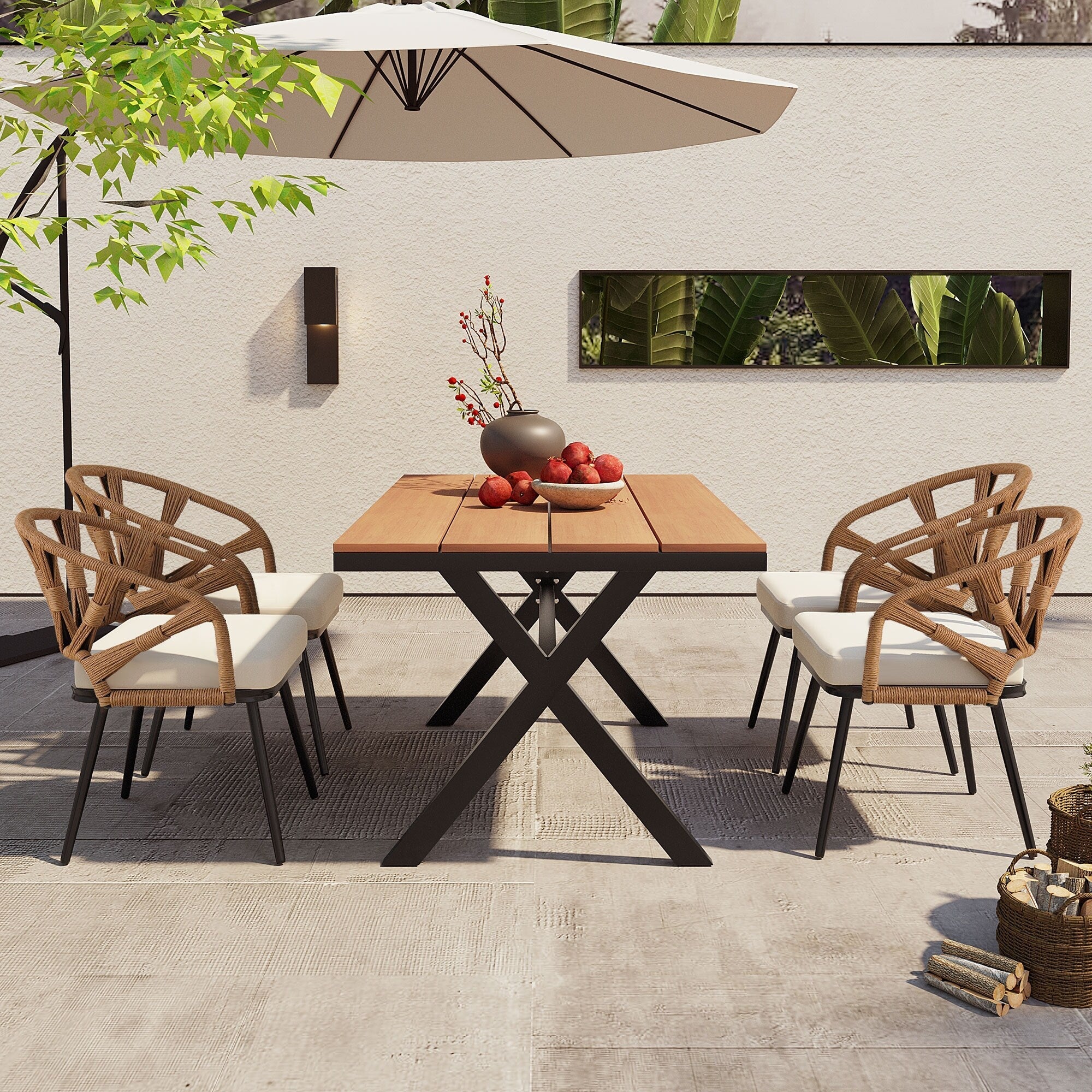 Ensemble de 5 tables et chaises de salle à manger d'extérieur, meubles de patio avec chaises en rotin synthétique et table rectangulaire en bois