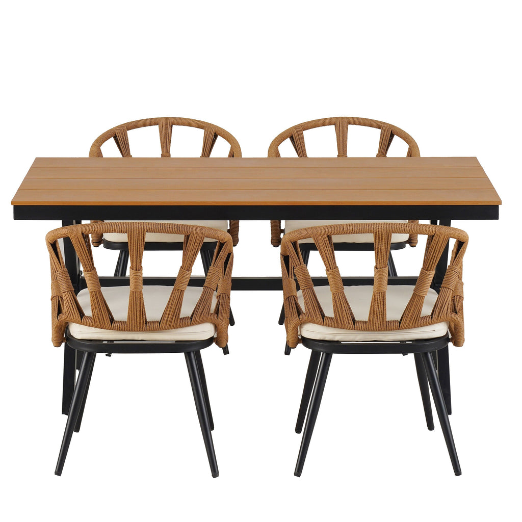 Ensemble de 5 tables et chaises de salle à manger d'extérieur, meubles de patio avec chaises en rotin synthétique et table rectangulaire en bois