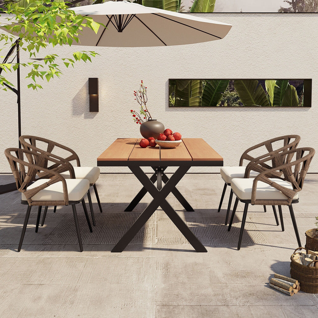Ensemble de 5 tables et chaises de salle à manger d'extérieur, meubles de patio avec chaises en rotin synthétique et table rectangulaire en bois