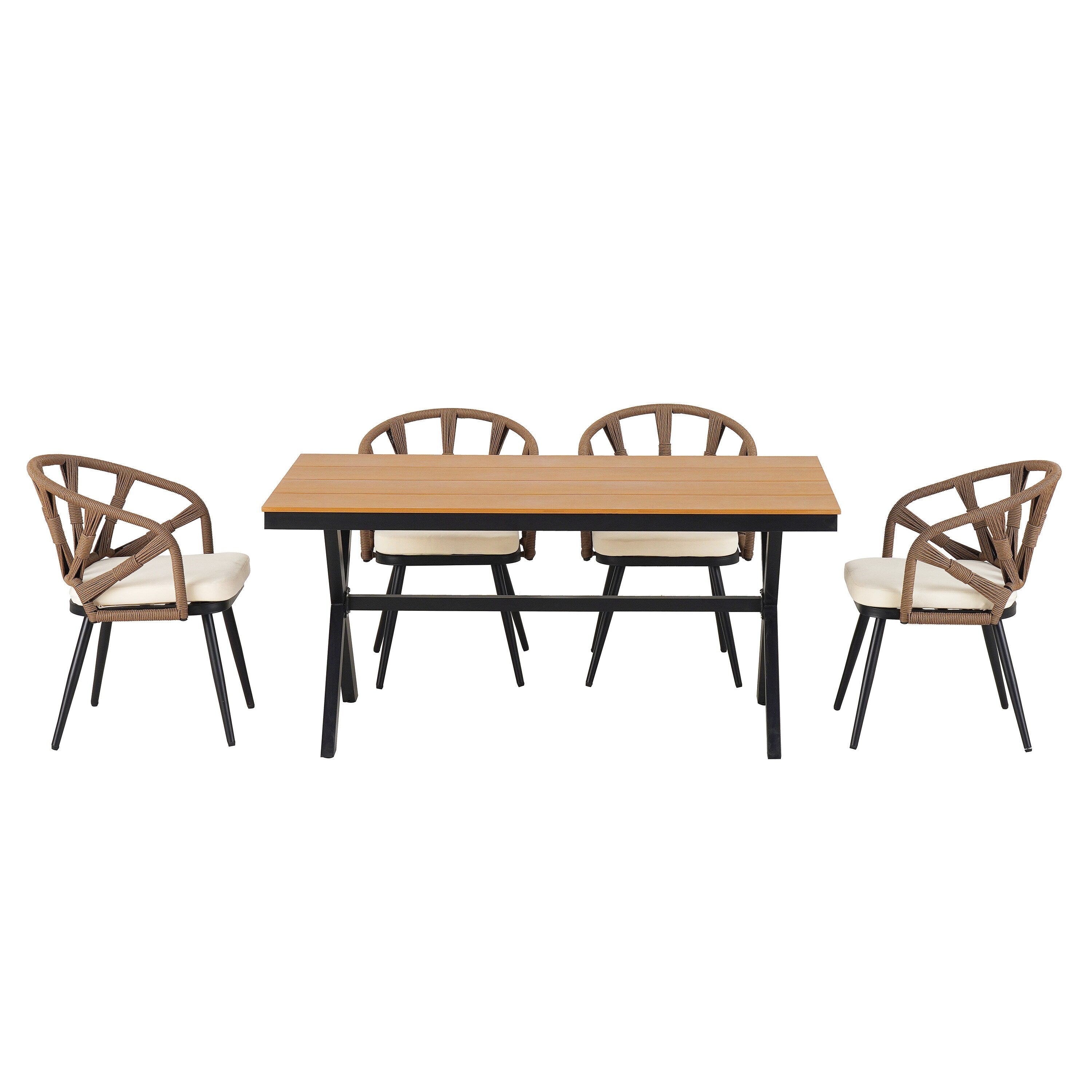 Ensemble de 5 tables et chaises de salle à manger d'extérieur, meubles de patio avec chaises en rotin synthétique et table rectangulaire en bois