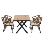 Ensemble de 5 tables et chaises de salle à manger d'extérieur, meubles de patio avec chaises en rotin synthétique et table rectangulaire en bois