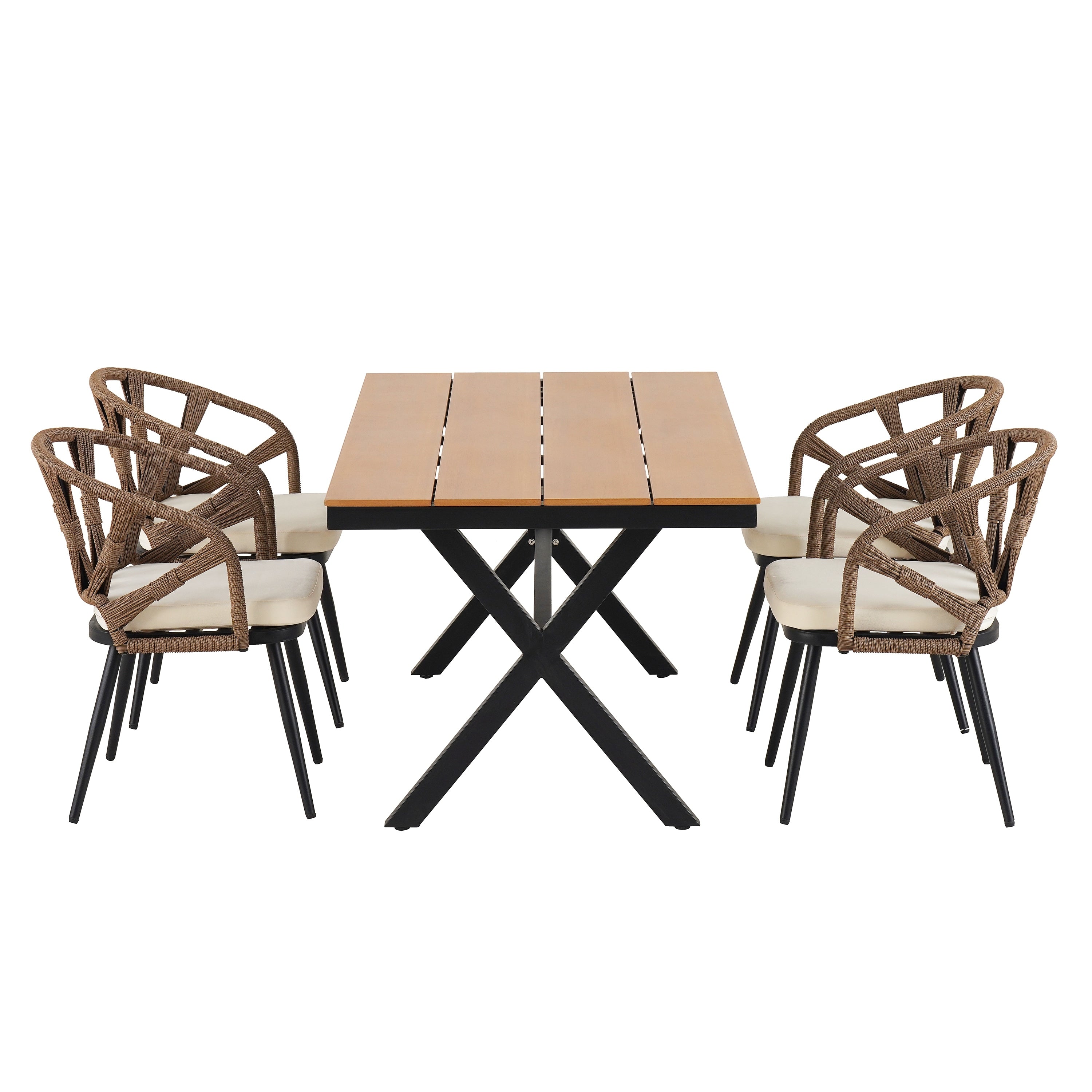 Ensemble de 5 tables et chaises de salle à manger d'extérieur, meubles de patio avec chaises en rotin synthétique et table rectangulaire en bois