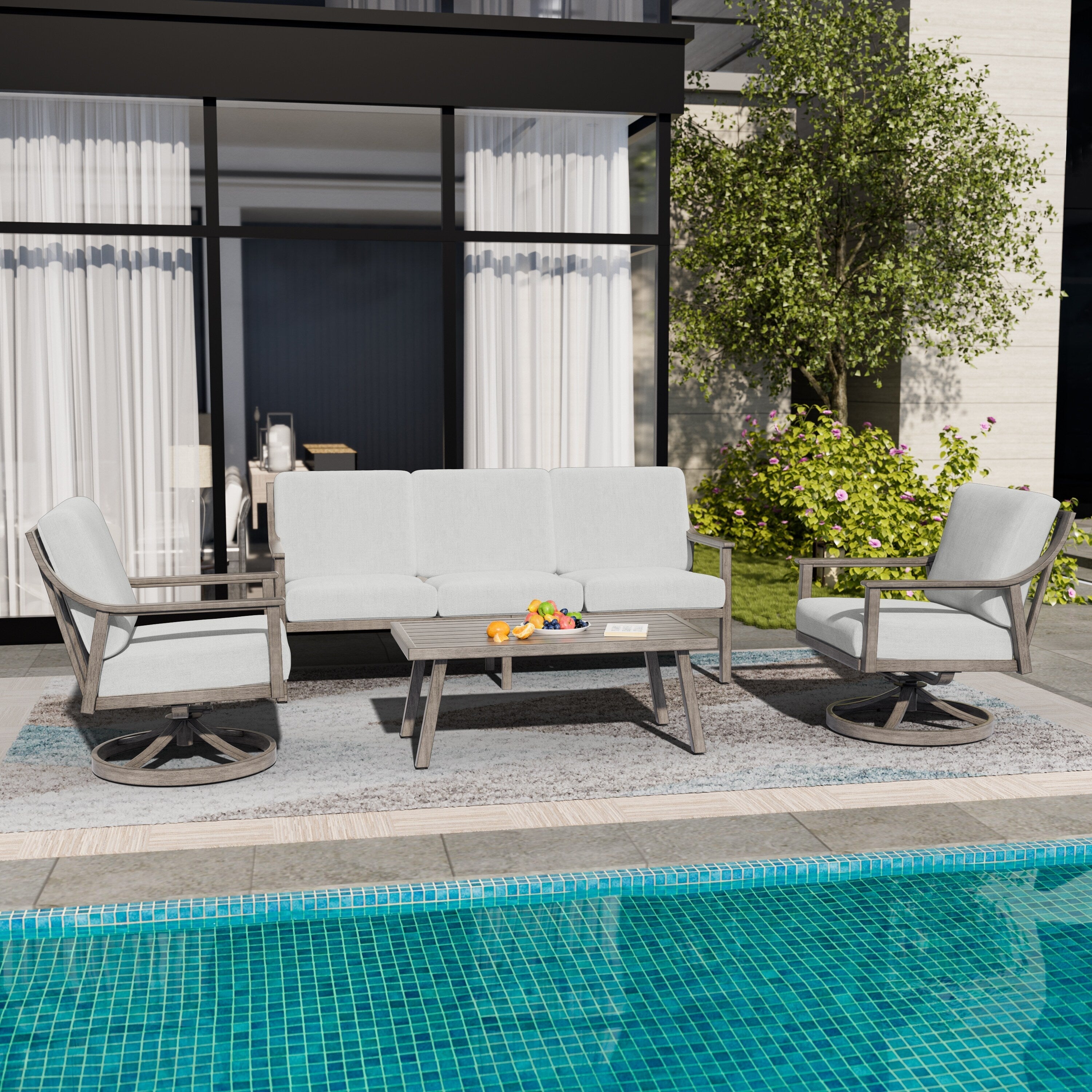 Ensemble de salon de jardin en aluminium pour 5 personnes avec chaises pivotantes, table basse et coussins