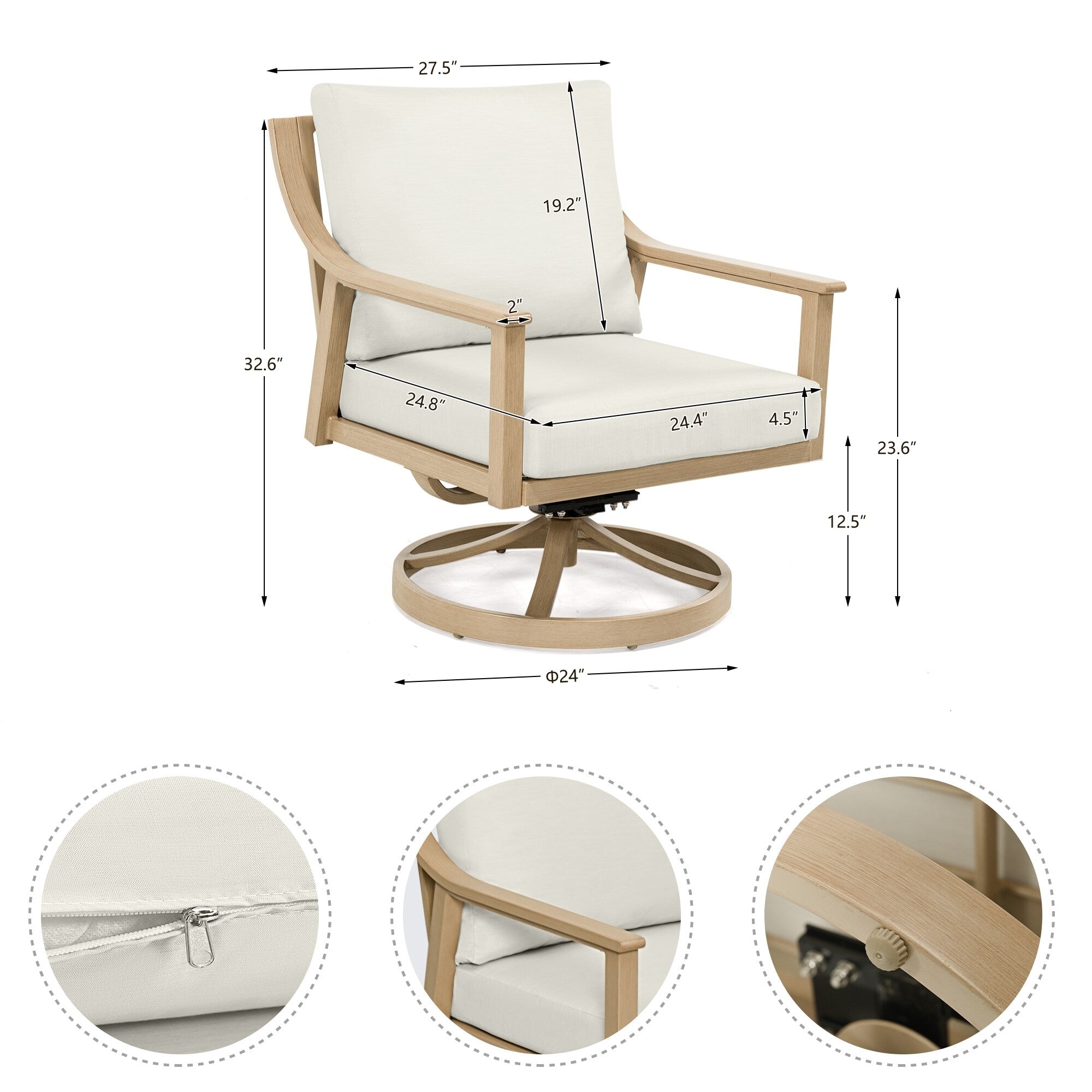 Ensemble de salon de jardin en aluminium pour 5 personnes avec chaises pivotantes, table basse et coussins