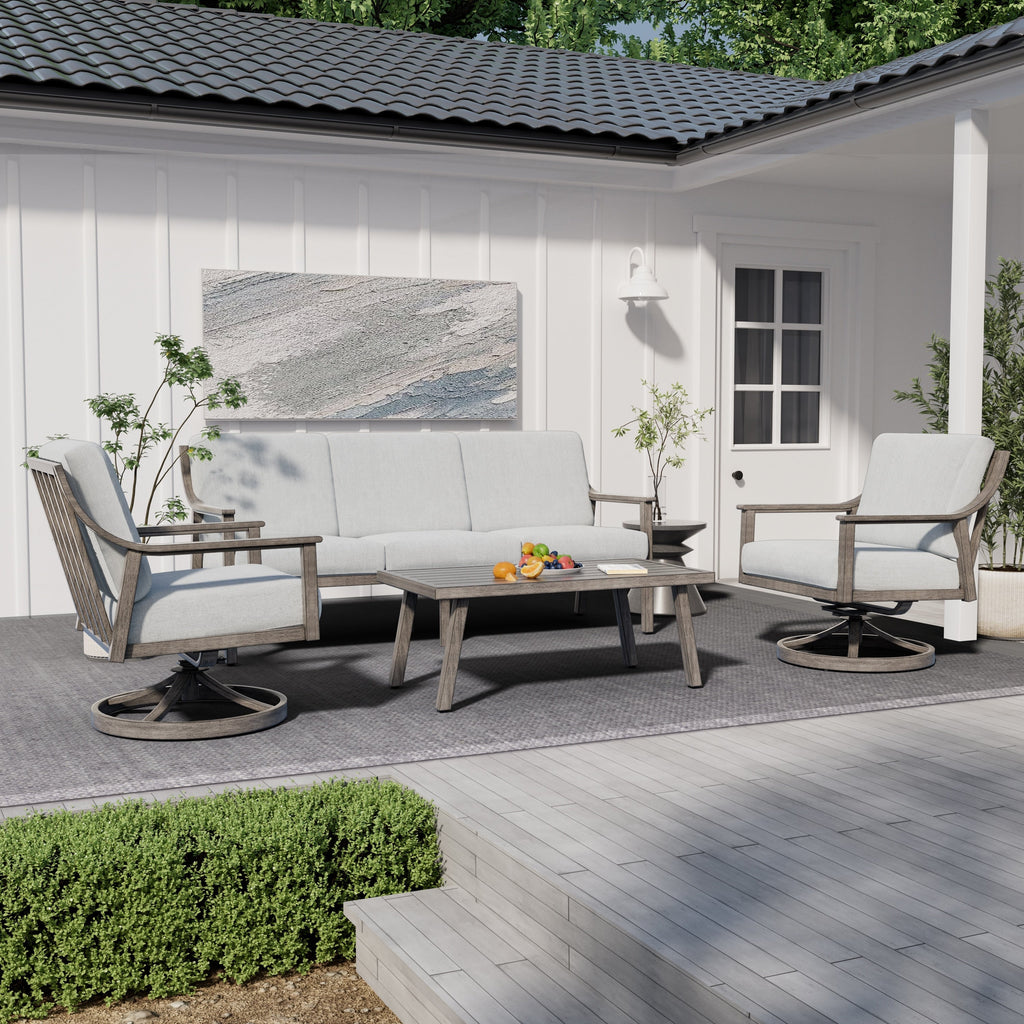 Ensemble de salon de jardin en aluminium pour 5 personnes avec chaises pivotantes, table basse et coussins