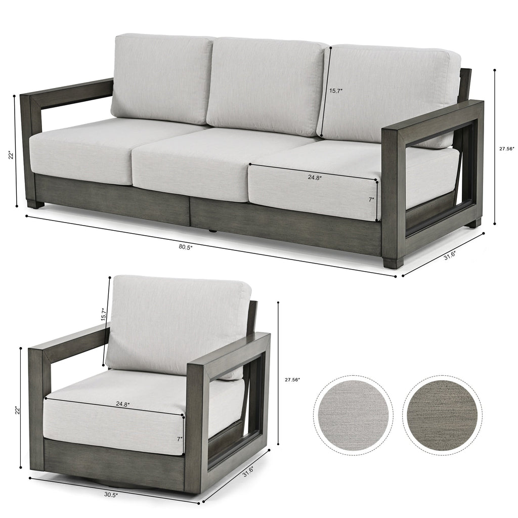 Ensemble de salon de jardin en aluminium pour 5 personnes avec chaises pivotantes, cadre et coussins peints à la main