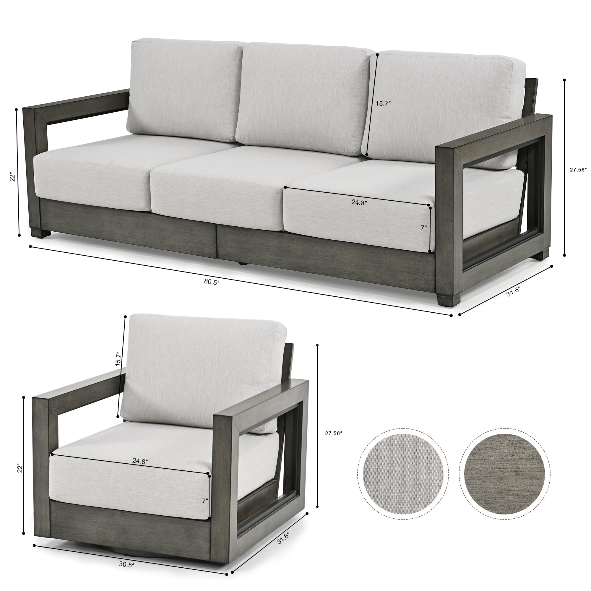 Ensemble de salon de jardin en aluminium pour 5 personnes avec chaises pivotantes, cadre et coussins peints à la main