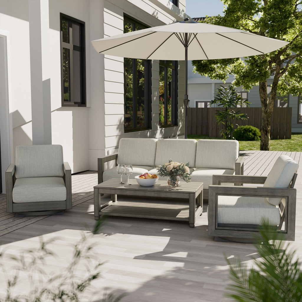 Ensemble de salon de jardin en aluminium pour 5 personnes avec chaises pivotantes, cadre et coussins peints à la main