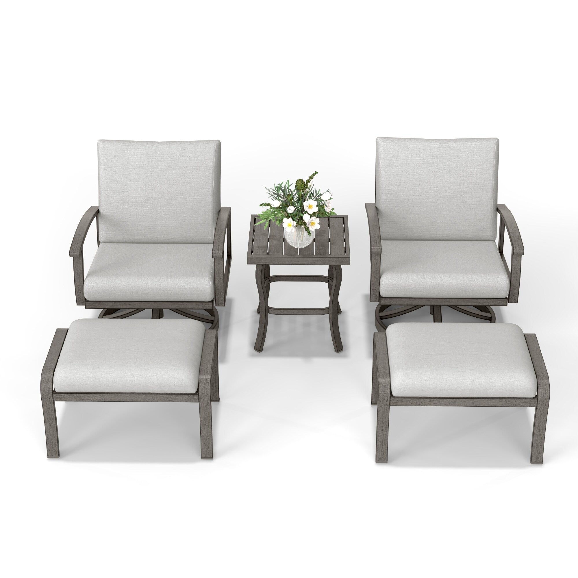 Ensemble de salon de jardin en aluminium 5 pièces avec table d'appoint, pouf et coussins gris clair