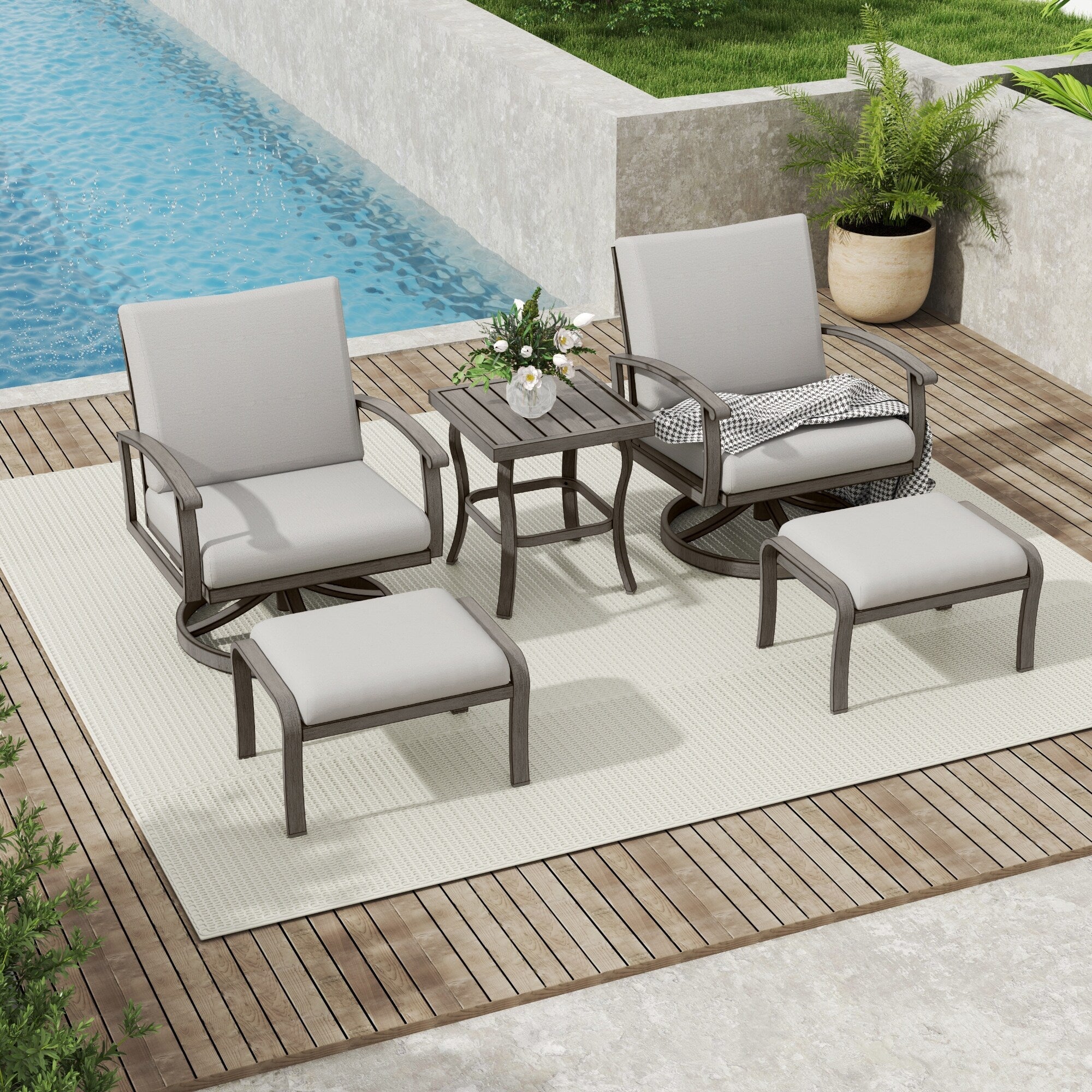 Ensemble de salon de jardin en aluminium 5 pièces avec table d'appoint, pouf et coussins gris clair