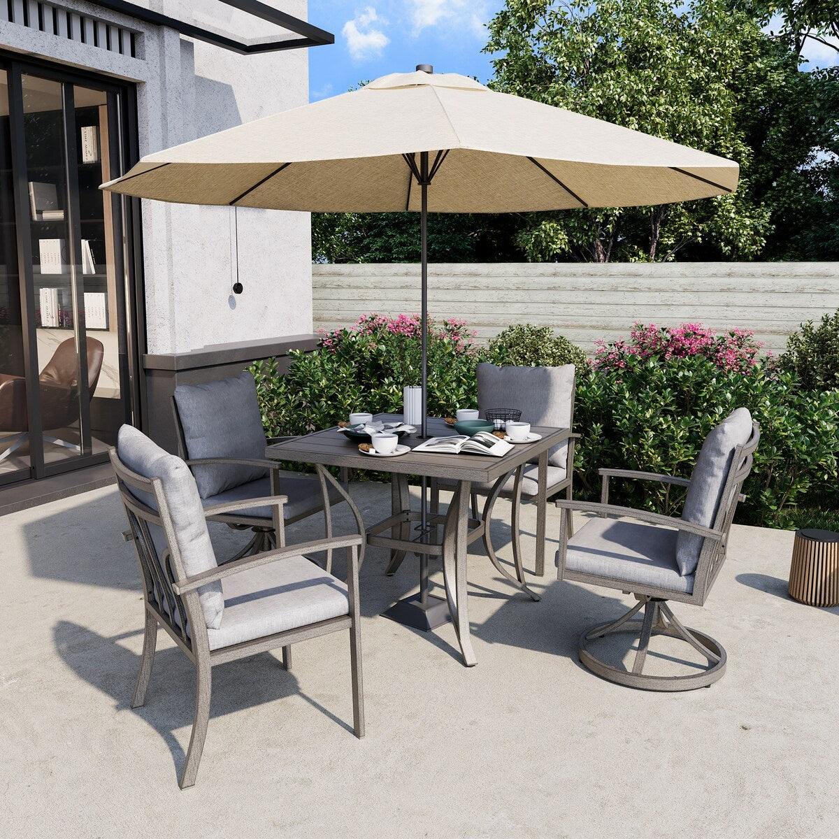 Ensemble de salle à manger de patio en aluminium 5 pièces avec 2 chaises de salle à manger pivotantes et 2 chaises de salle à manger et coussins lavables