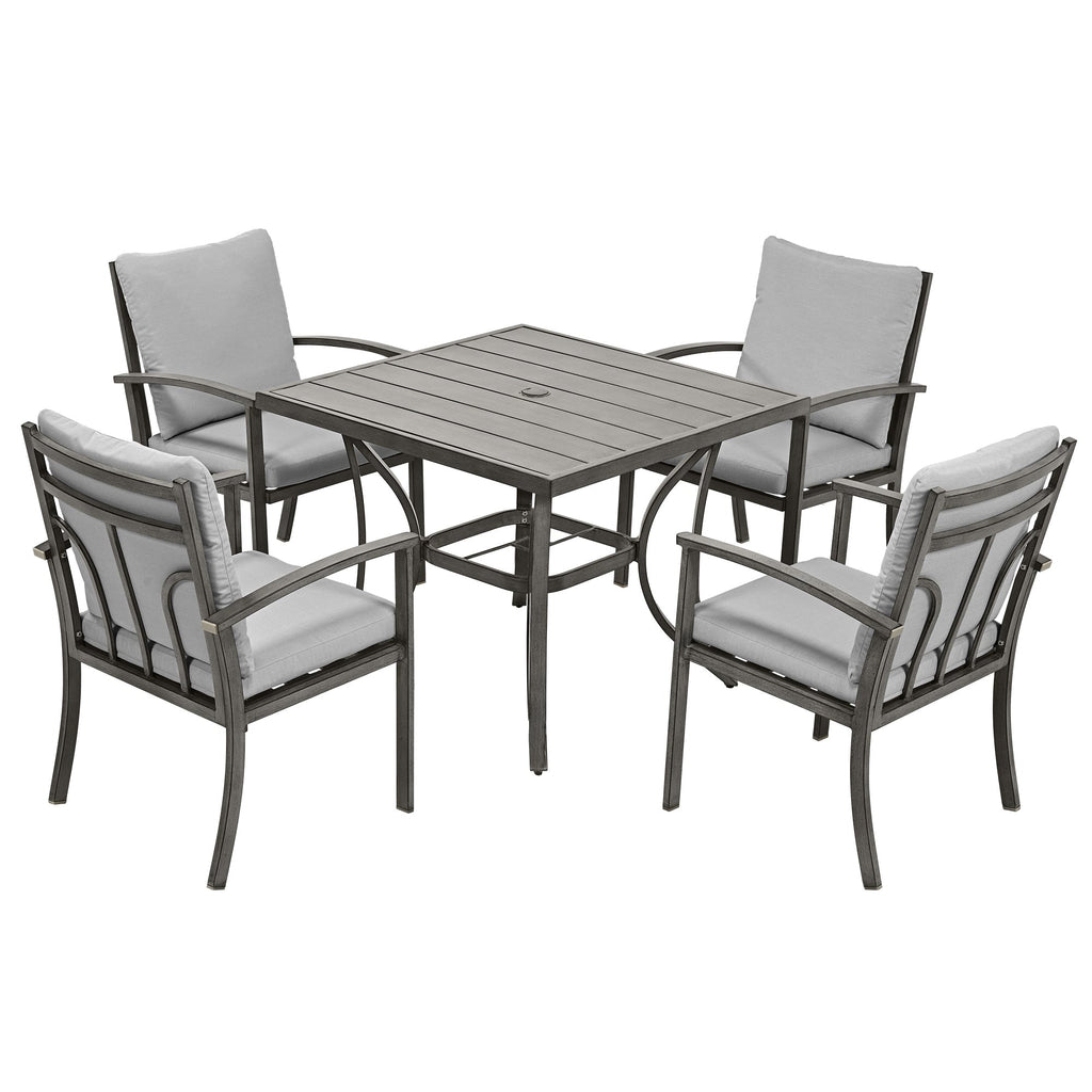 Ensemble de salle à manger de patio en aluminium 5 pièces avec table et tapis lavable gris clair