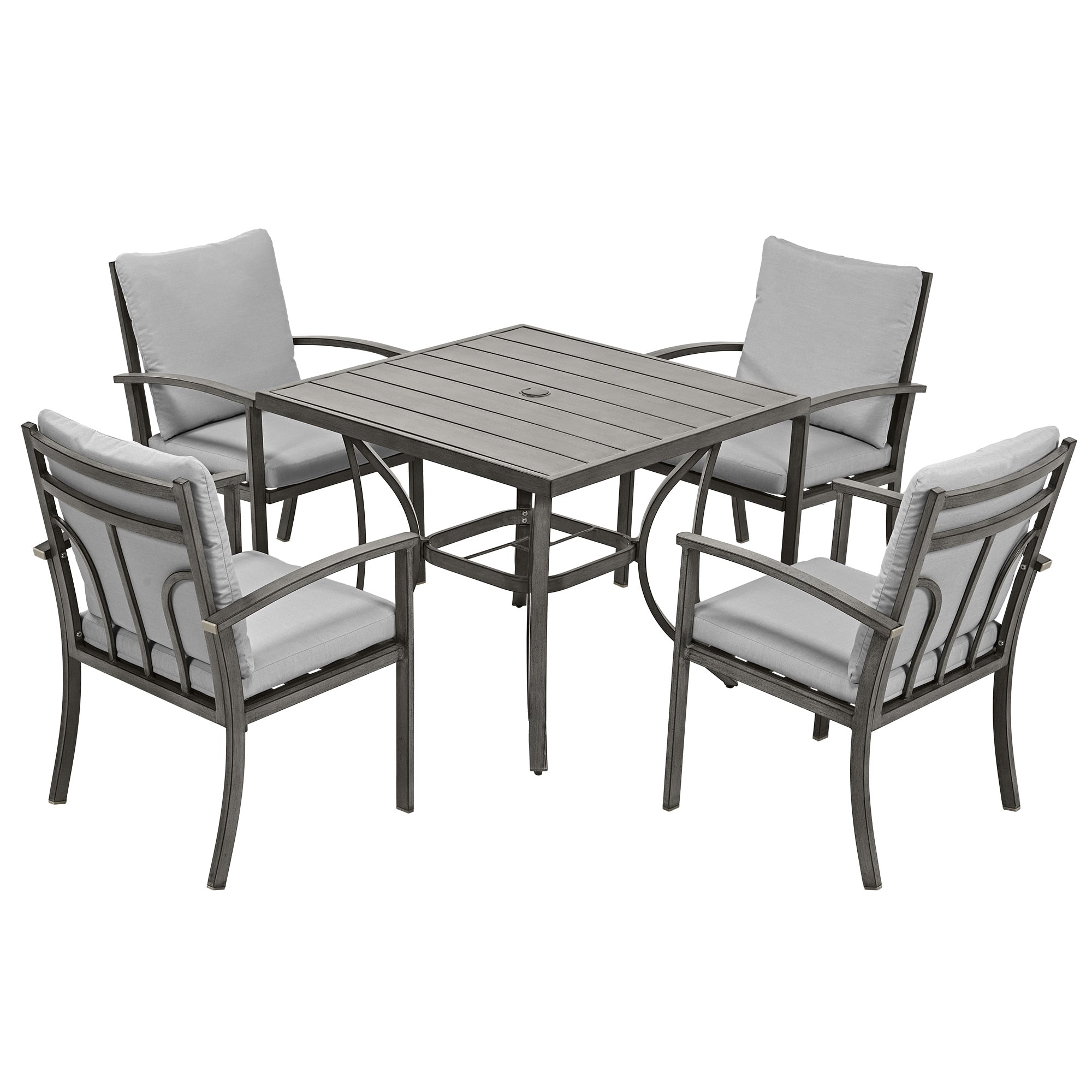 Ensemble de salle à manger de patio en aluminium 5 pièces avec table et tapis lavable gris clair