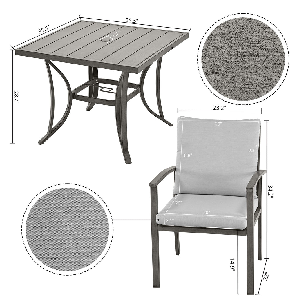 Ensemble de salle à manger de patio en aluminium 5 pièces avec table et tapis lavable gris clair