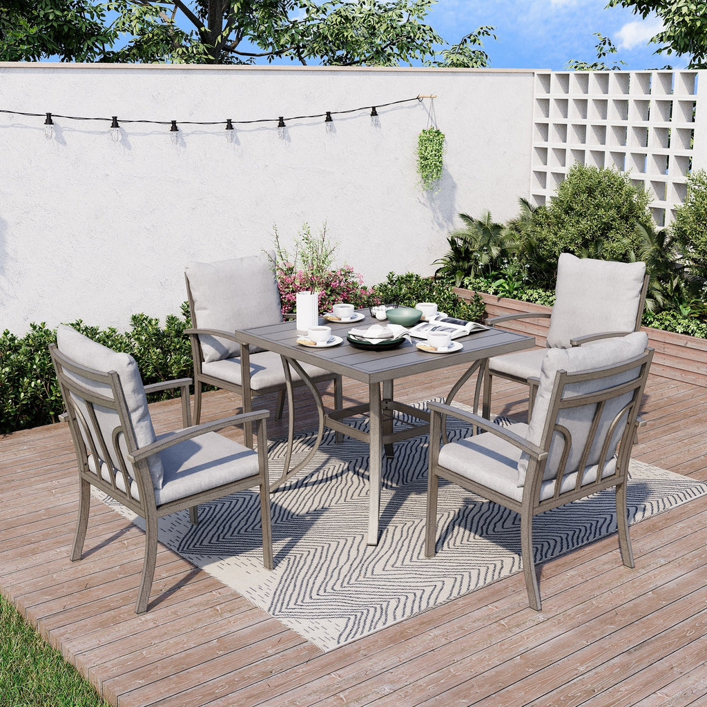 Ensemble de salle à manger de patio en aluminium 5 pièces avec table et tapis lavable gris clair