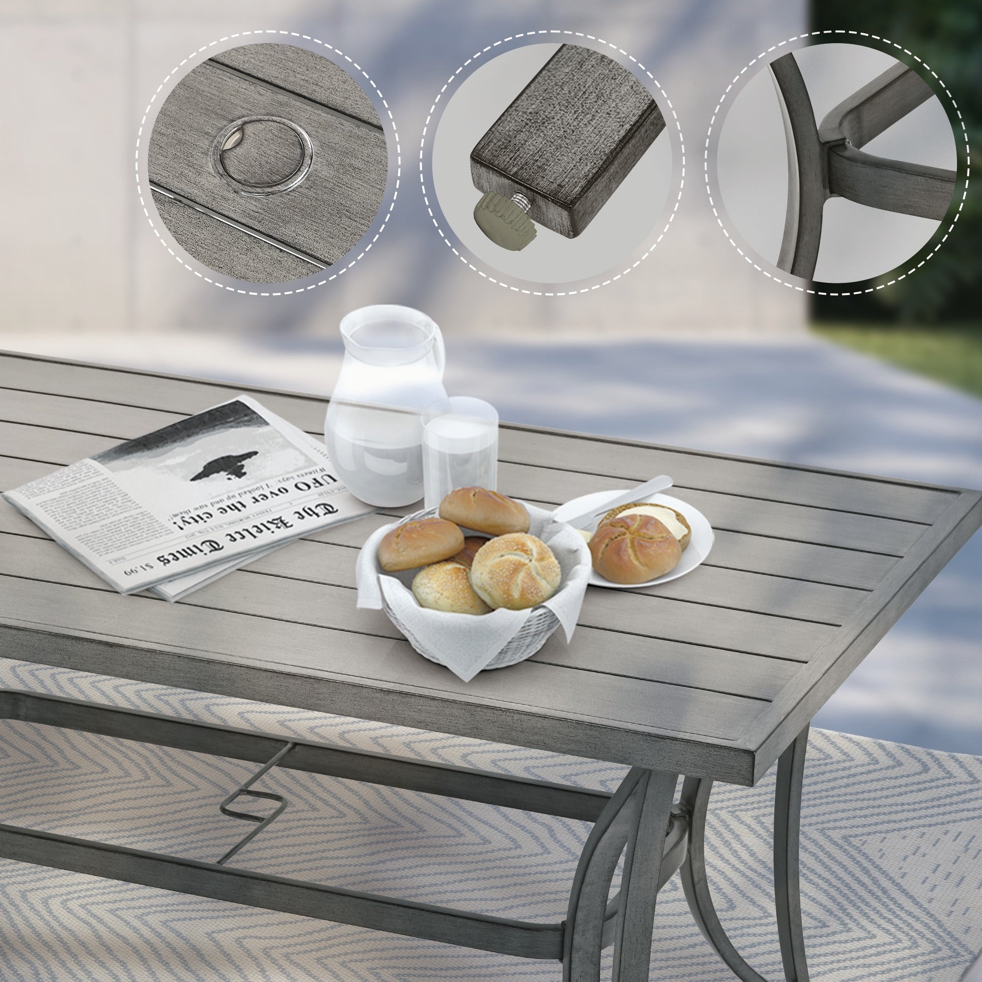 Ensemble de salle à manger de patio en aluminium 5 pièces avec table et tapis lavable gris clair