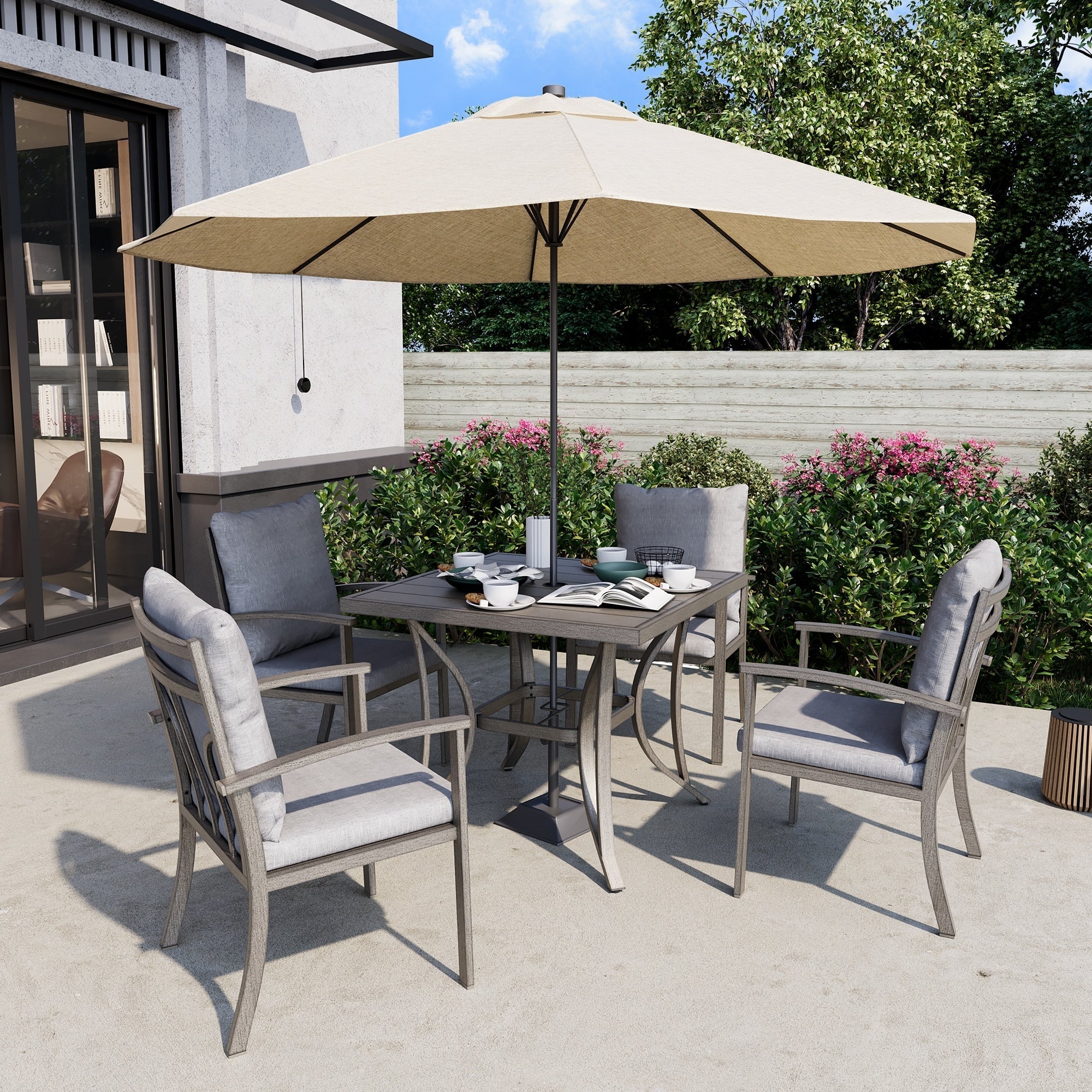 Ensemble de salle à manger de patio en aluminium 5 pièces avec table et tapis lavable gris clair