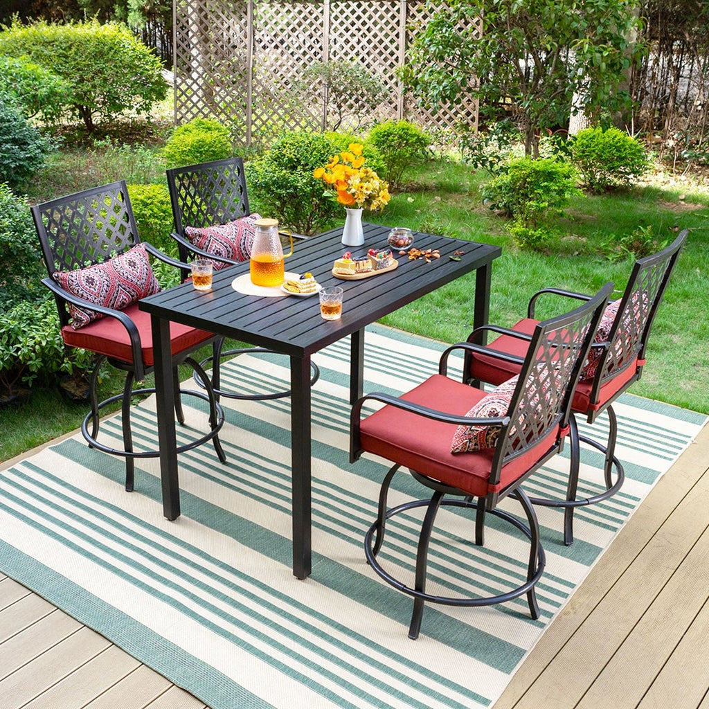 Ensemble de salle à manger de 5 pièces, 4 chaises de bar pivotantes en rotin ou 4 chaises de bar pivotantes en métal et 1 table de bar rectangulaire en métal