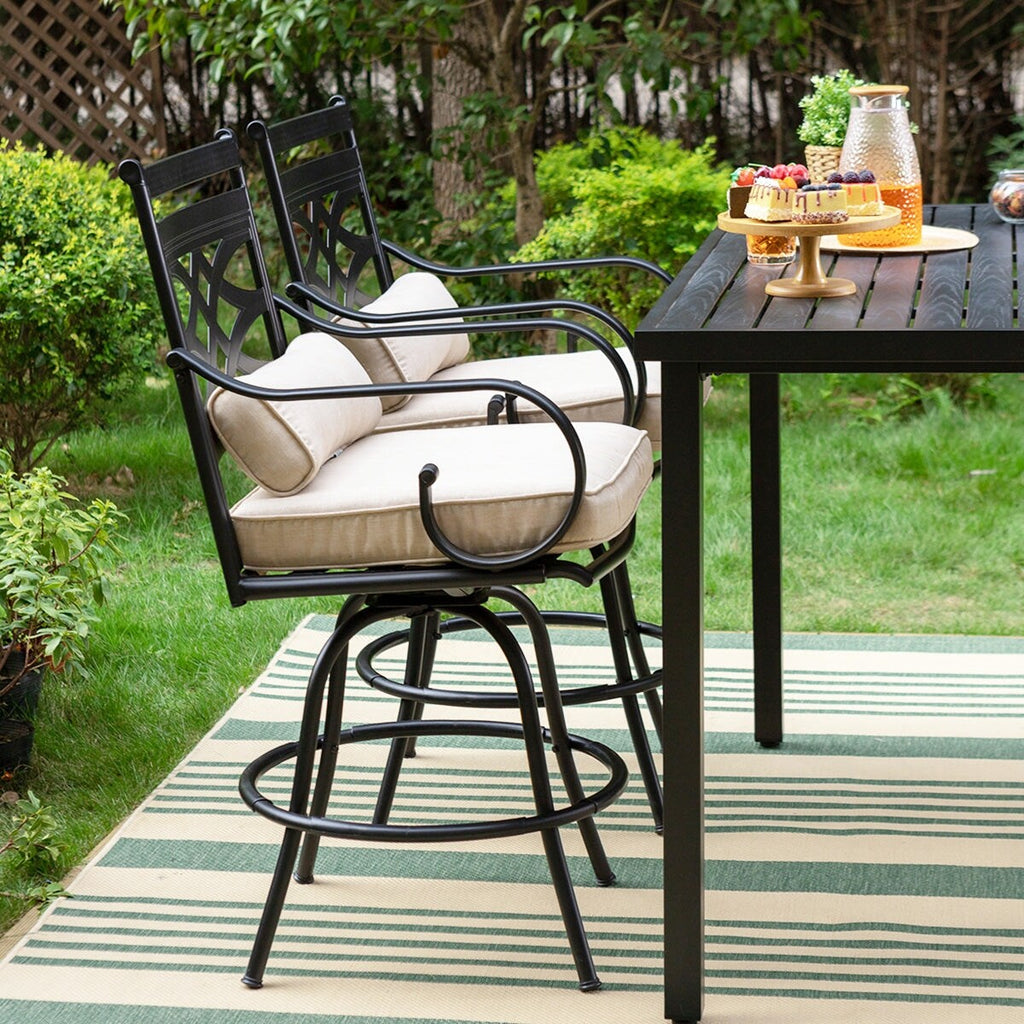 Ensemble de salle à manger de 5 pièces, 4 chaises de bar pivotantes en rotin ou 4 chaises de bar pivotantes en métal et 1 table de bar rectangulaire en métal