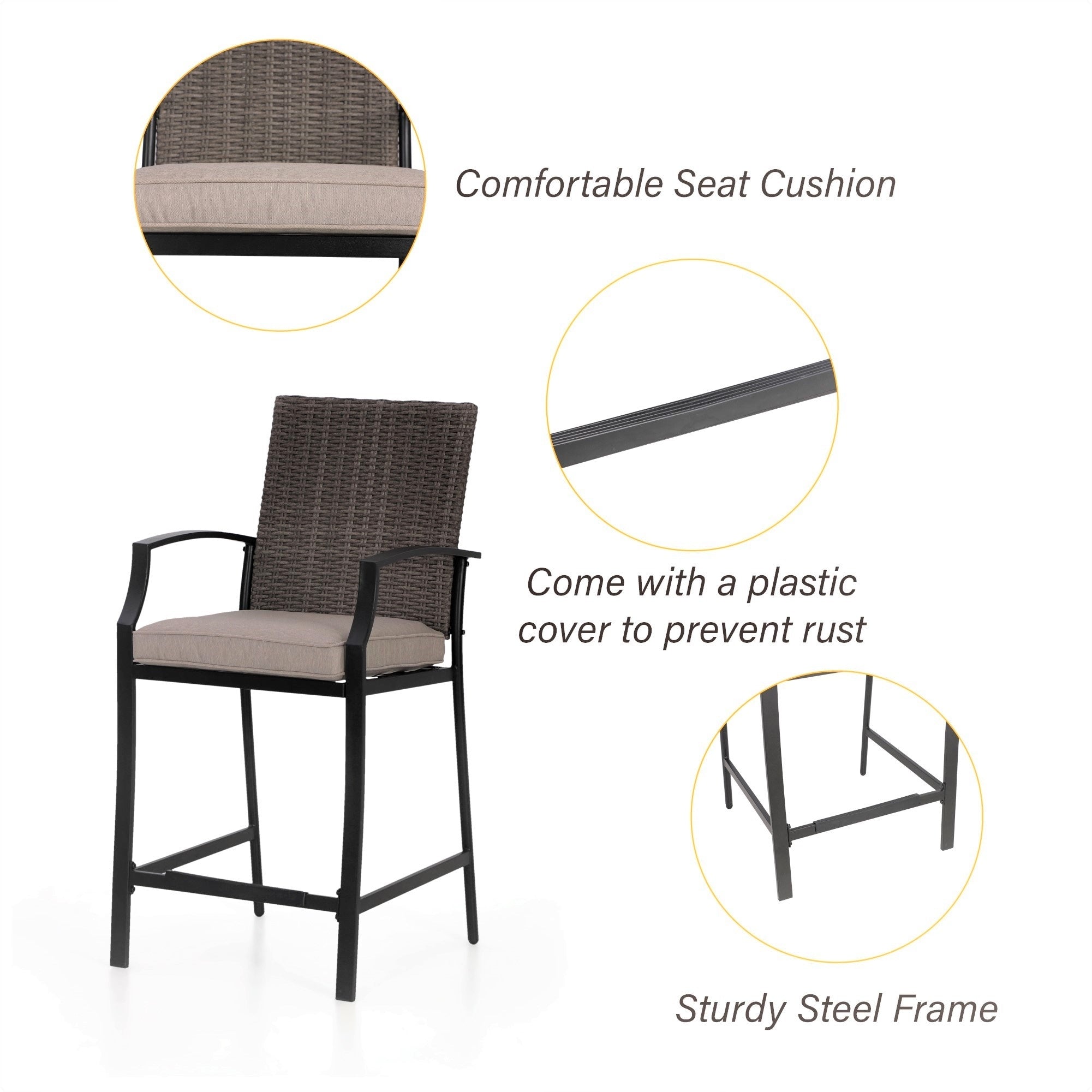 Ensemble de salle à manger de 5 pièces, 4 chaises de bar pivotantes en rotin ou 4 chaises de bar pivotantes en métal et 1 table de bar rectangulaire en métal