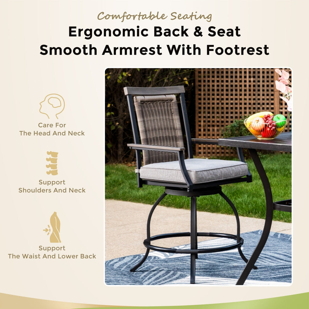 Ensemble de salle à manger de 5 pièces, 4 chaises de bar pivotantes en rotin ou 4 chaises de bar pivotantes en métal et 1 table de bar rectangulaire en métal