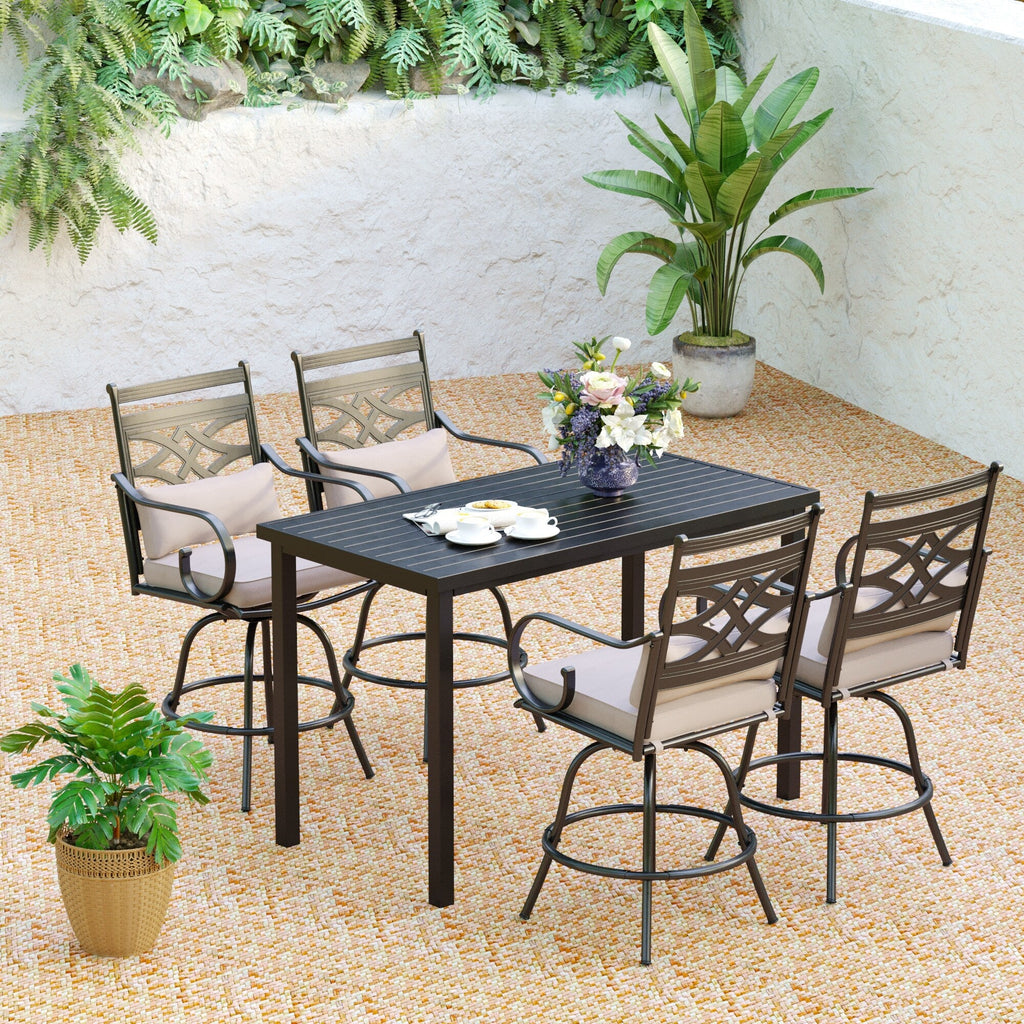 Ensemble de salle à manger de 5 pièces, 4 chaises de bar pivotantes en rotin ou 4 chaises de bar pivotantes en métal et 1 table de bar rectangulaire en métal