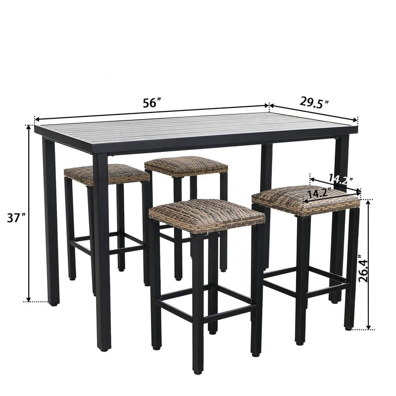 Ensemble de salle à manger de 5 pièces, 4 chaises de bar pivotantes en rotin ou 4 chaises de bar pivotantes en métal et 1 table de bar rectangulaire en métal