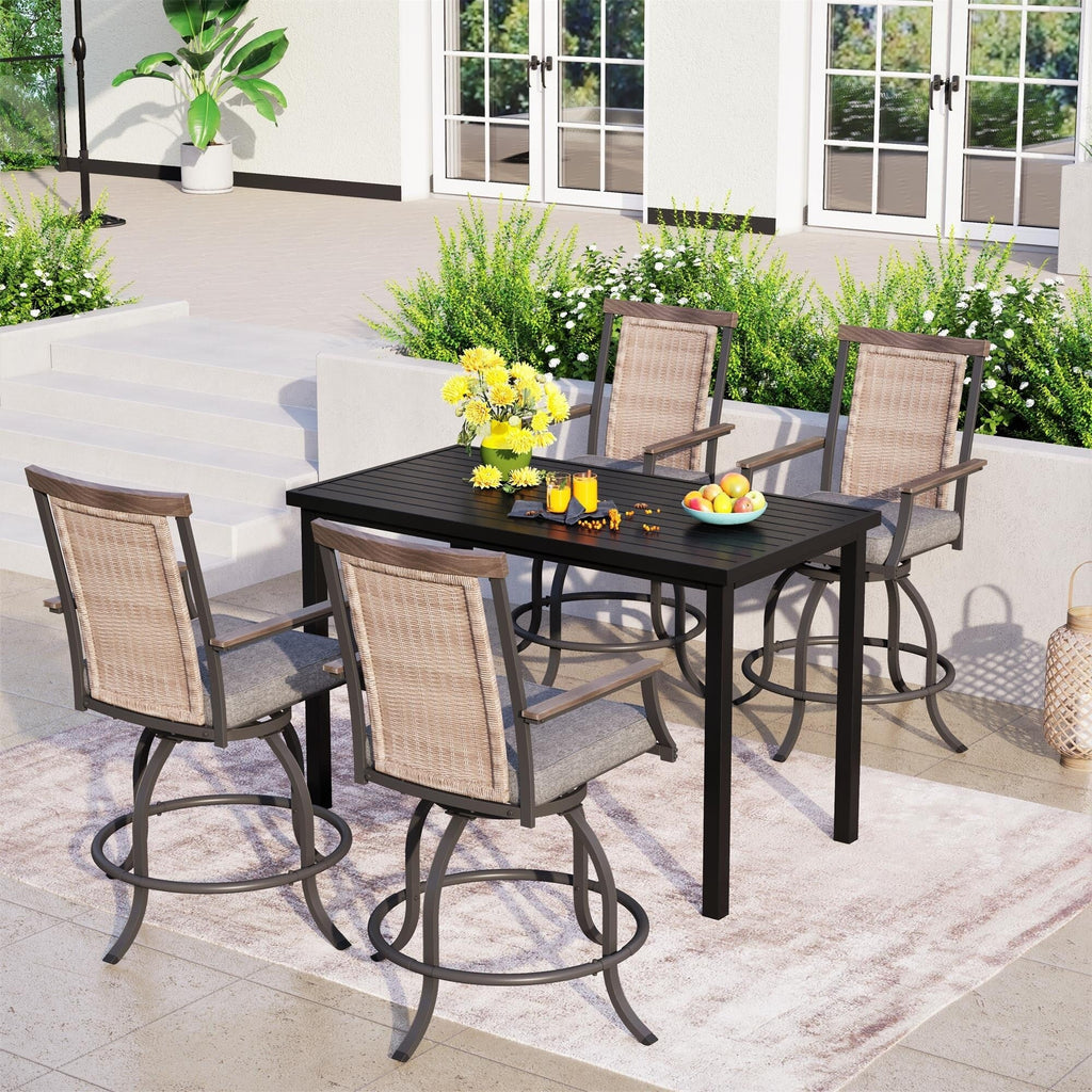 Ensemble de salle à manger de 5 pièces, 4 chaises de bar pivotantes en rotin ou 4 chaises de bar pivotantes en métal et 1 table de bar rectangulaire en métal