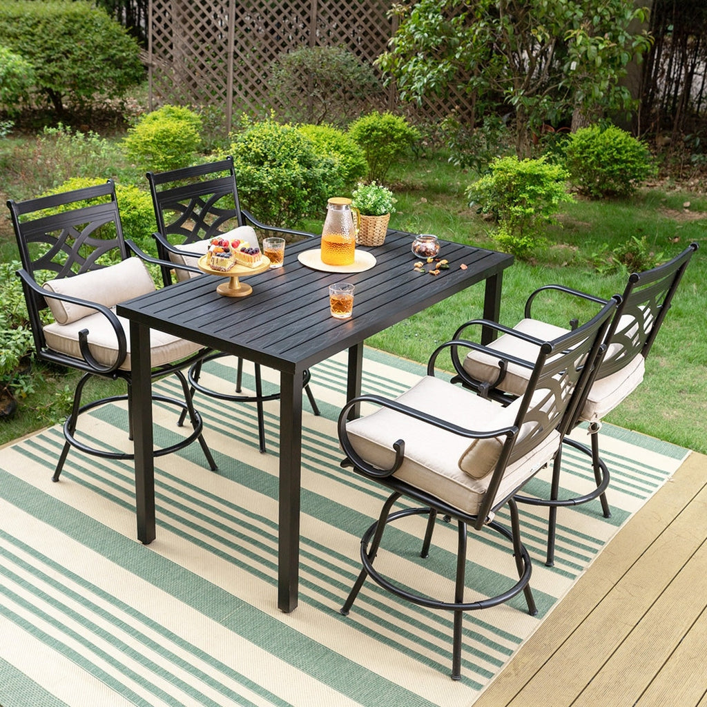 Ensemble de salle à manger de 5 pièces, 4 chaises de bar pivotantes en rotin ou 4 chaises de bar pivotantes en métal et 1 table de bar rectangulaire en métal