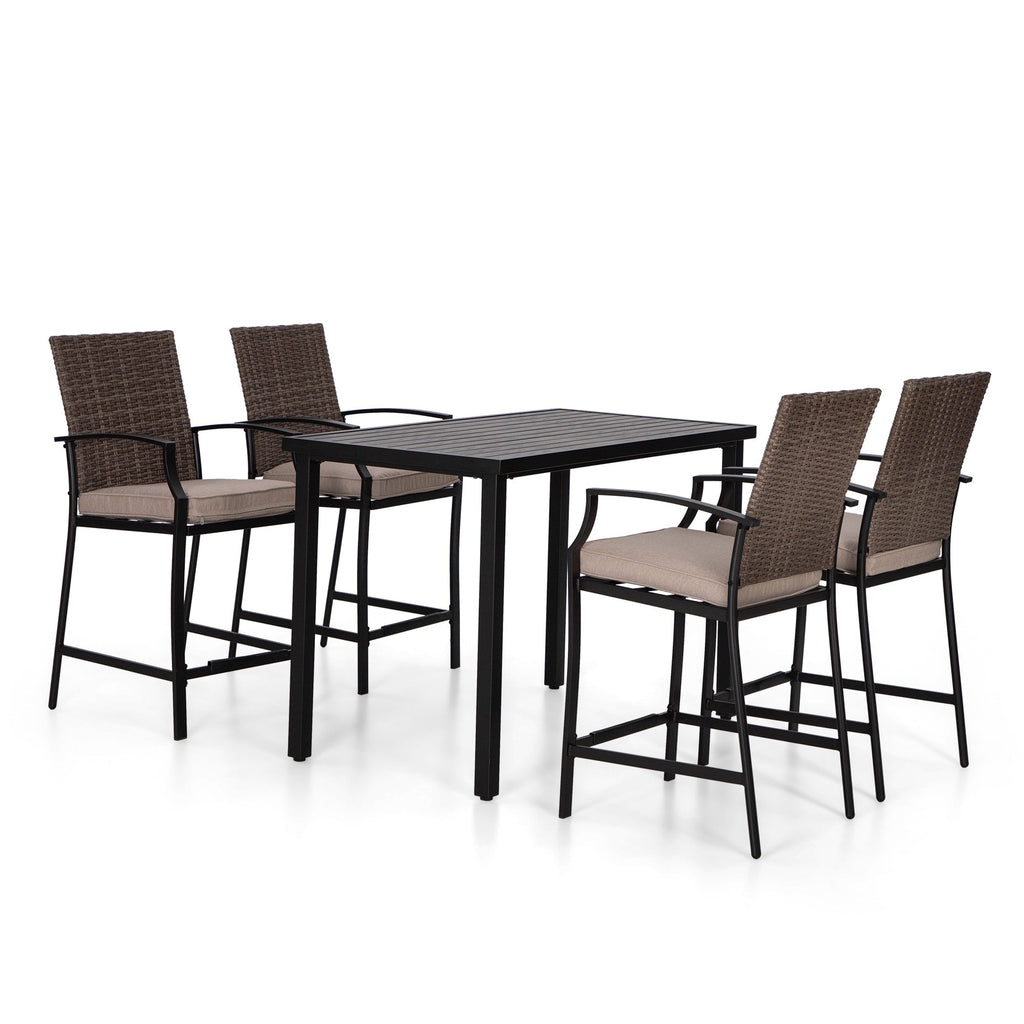 Ensemble de salle à manger de 5 pièces, 4 chaises de bar pivotantes en rotin ou 4 chaises de bar pivotantes en métal et 1 table de bar rectangulaire en métal