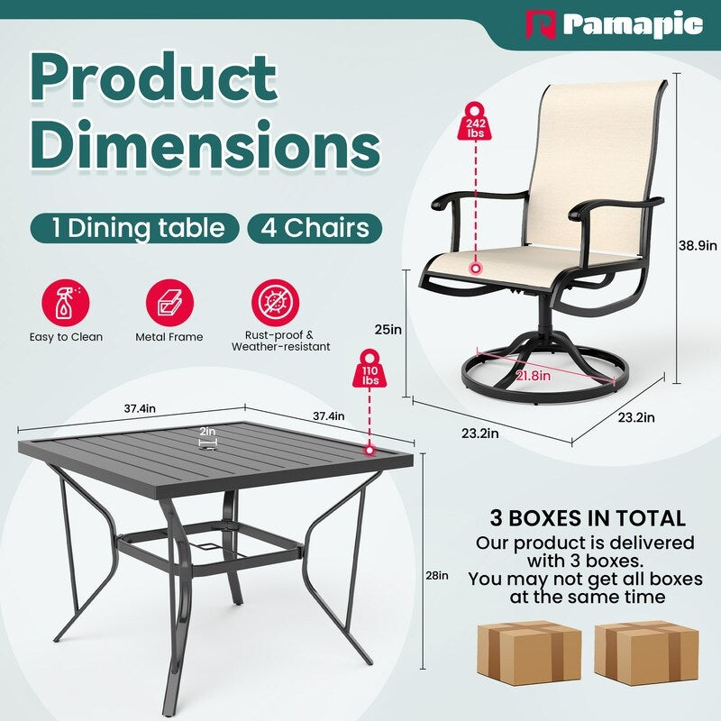 Ensemble de salle à manger d'extérieur en métal 5 pièces avec table carrée et chaises pivotantes en textilène