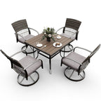 Ensemble de salle à manger d'extérieur en métal 5 pièces avec table carrée et chaises pivotantes en rotin avec coussin