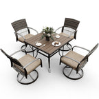 Ensemble de salle à manger d'extérieur en métal 5 pièces avec table carrée et chaises pivotantes en rotin avec coussin