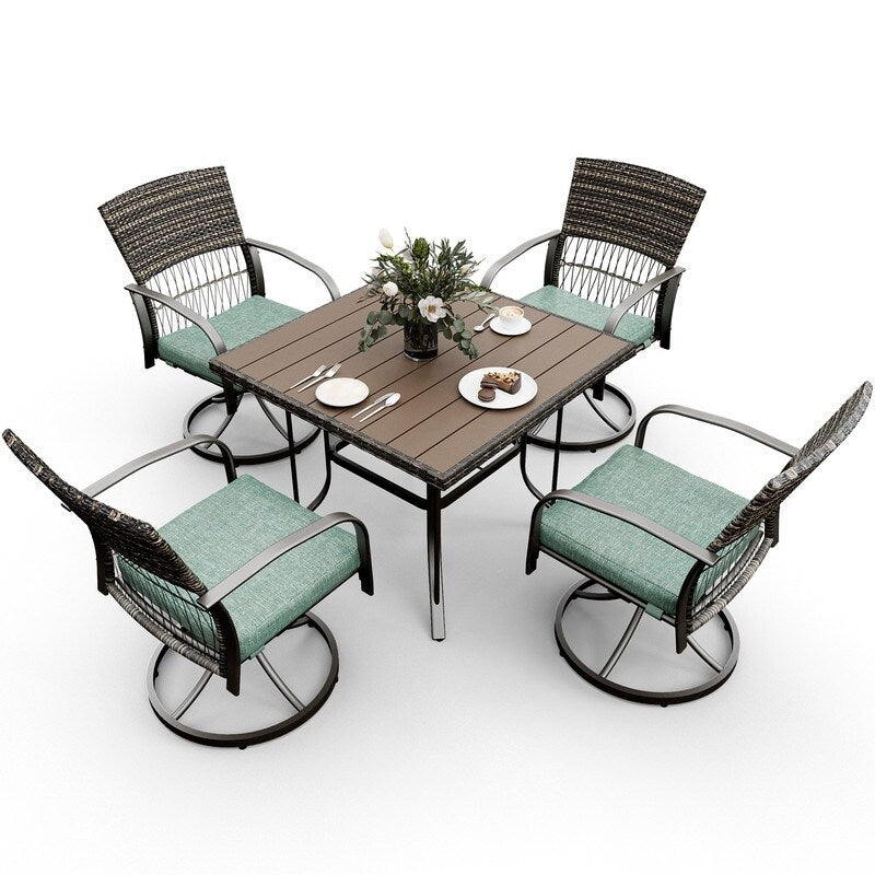 Ensemble de salle à manger d'extérieur en métal 5 pièces avec table carrée et chaises pivotantes en rotin avec coussin