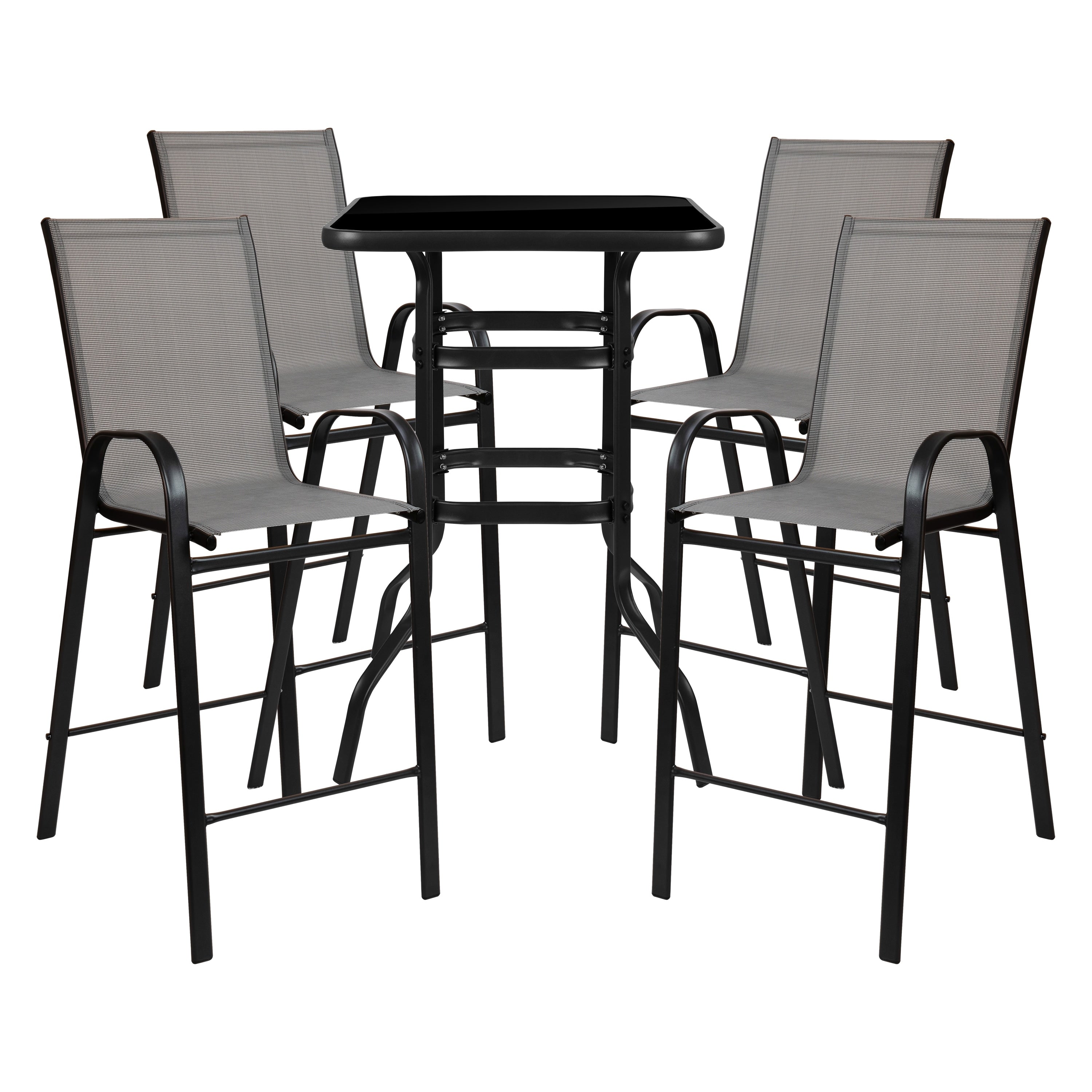 Ensemble de 5 tables de bar en verre pour extérieur avec 4 tabourets de bar