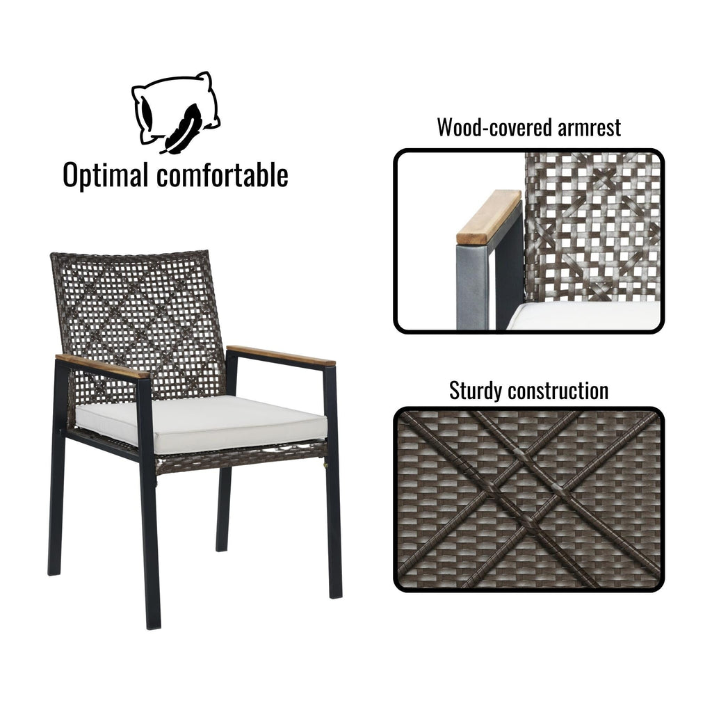 Ensemble de salle à manger d'extérieur en rotin 5 pièces avec chaises empilables, plateau de table en bois d'acacia de 35 pouces avec trou pour parasol