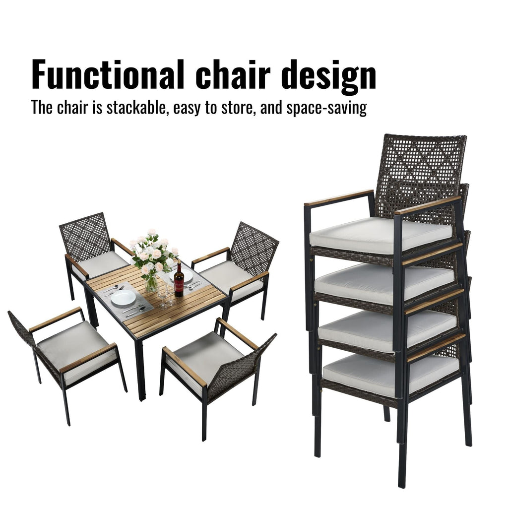 Ensemble de salle à manger d'extérieur en rotin 5 pièces avec chaises empilables, plateau de table en bois d'acacia de 35 pouces avec trou pour parasol