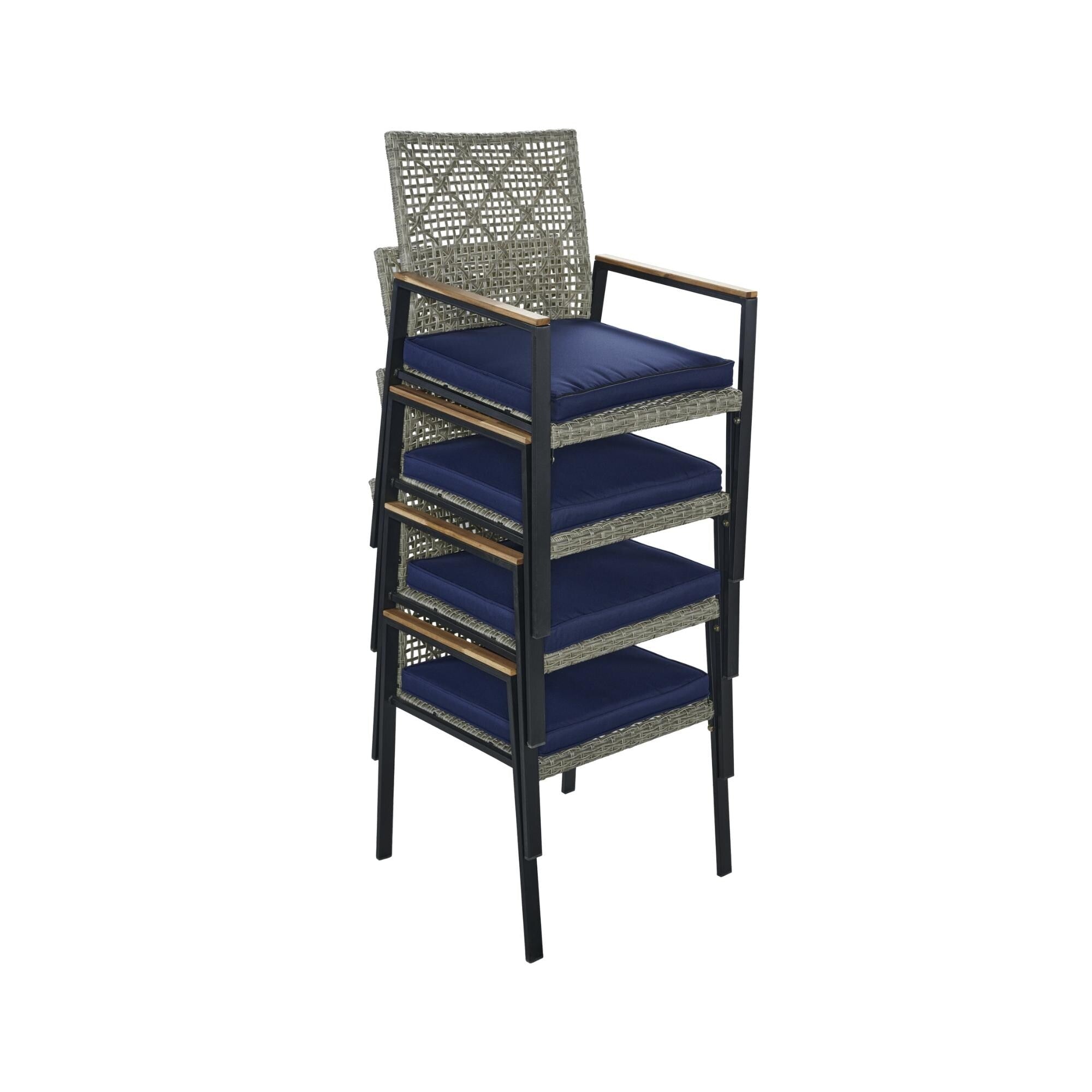 Ensemble de salle à manger d'extérieur en rotin 5 pièces avec chaises empilables, plateau de table en bois d'acacia de 35 pouces avec trou pour parasol