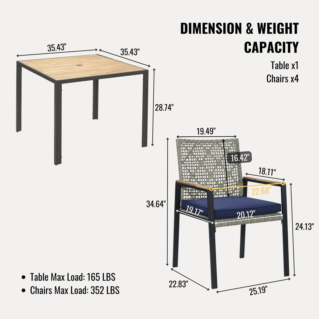 Ensemble de salle à manger d'extérieur en rotin 5 pièces avec chaises empilables, plateau de table en bois d'acacia de 35 pouces avec trou pour parasol