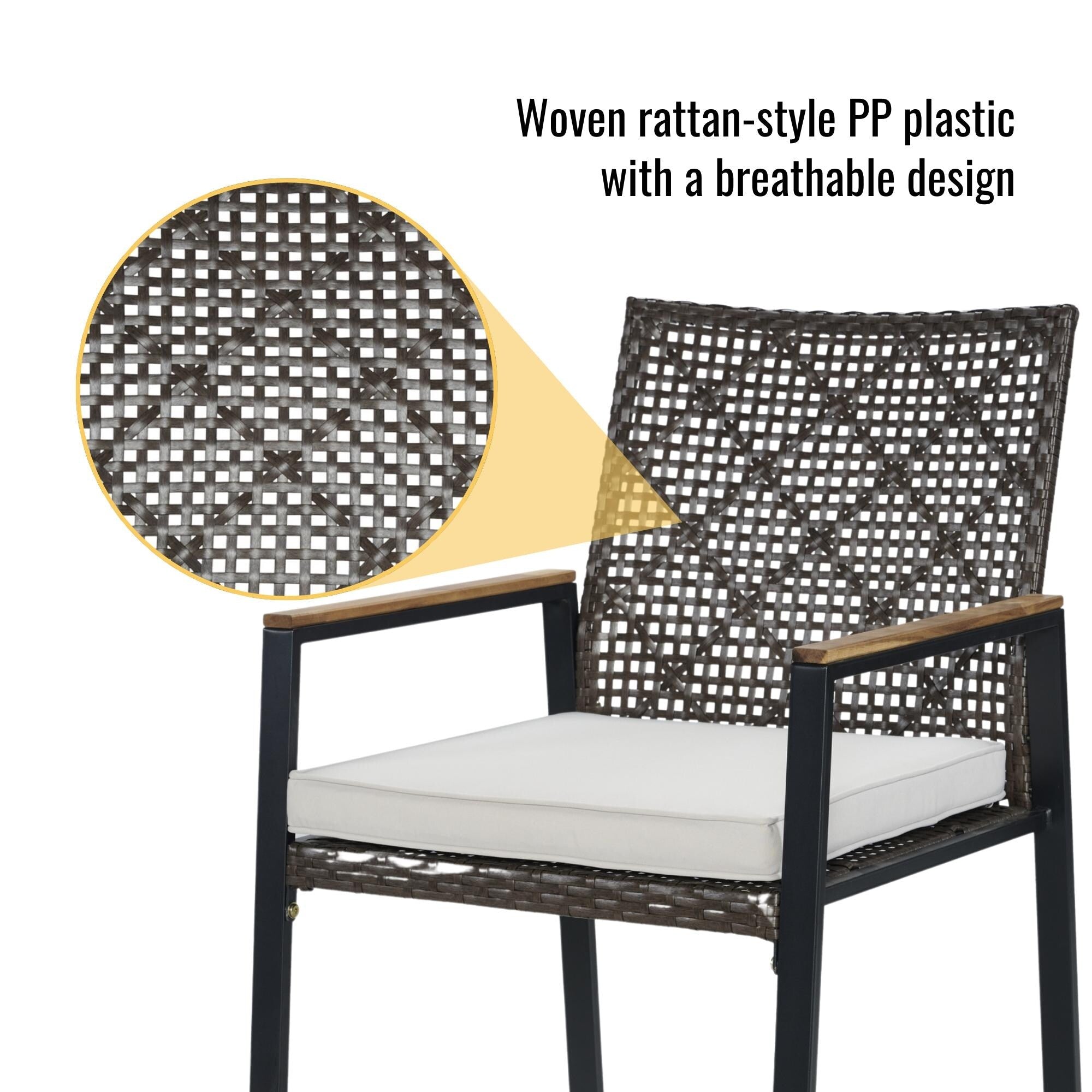 Ensemble de salle à manger d'extérieur en rotin 5 pièces avec chaises empilables, plateau de table en bois d'acacia de 35 pouces avec trou pour parasol