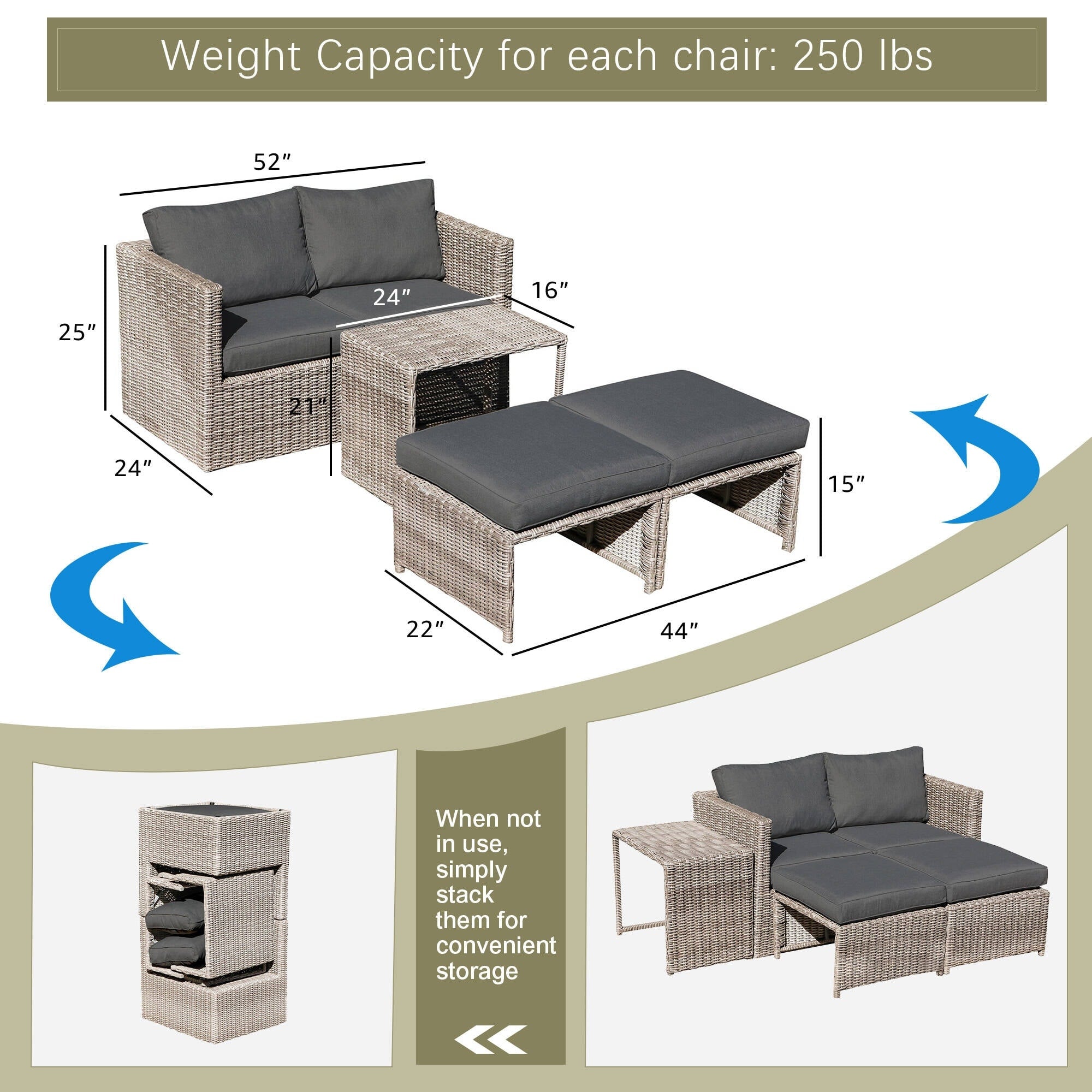 Ensemble de conversation d'extérieur en rotin 5 pièces avec chaises en osier et coussins