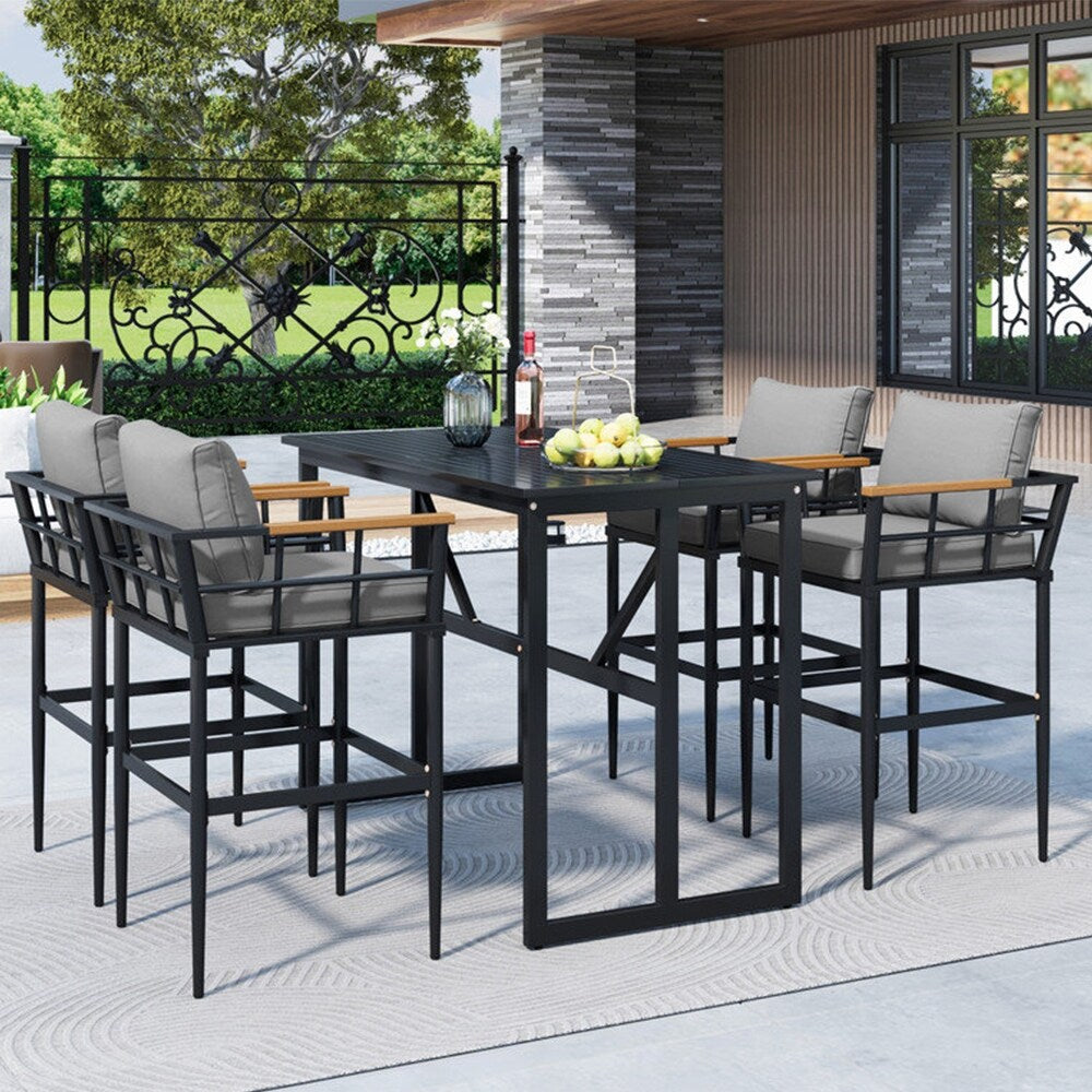 Ensemble de salle à manger d'extérieur en acier 5 pièces avec 4 chaises, bar et coussins