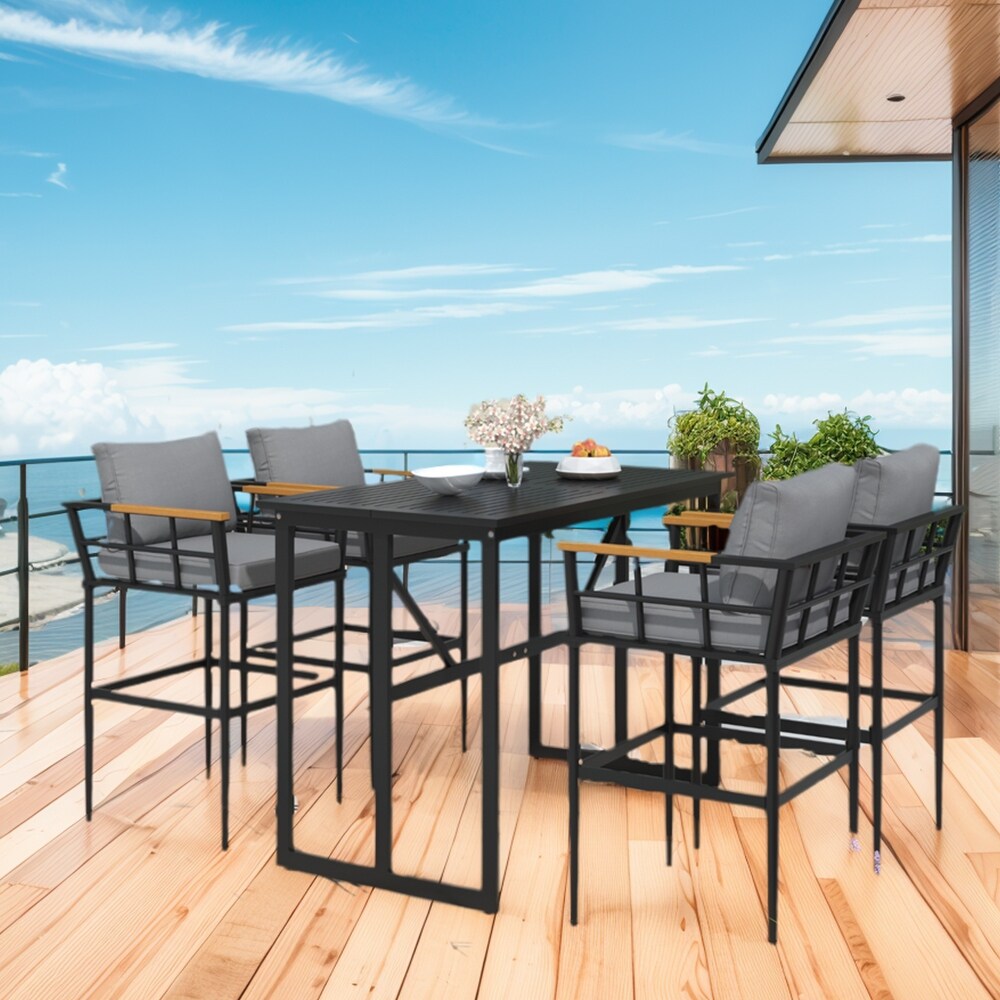 Ensemble de salle à manger d'extérieur en acier 5 pièces avec 4 chaises, bar et coussins